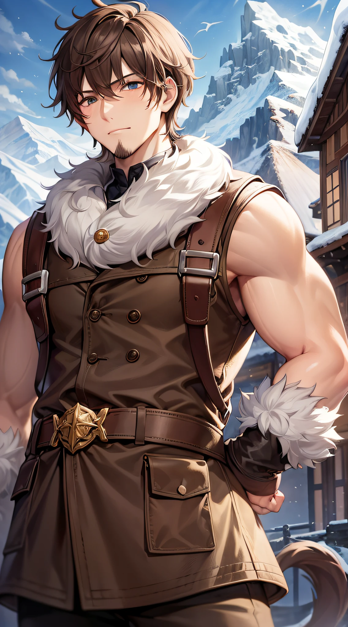 (Russian style+The villagers:1.1),Snowy mountain background,(Burly male,brown hair)。
