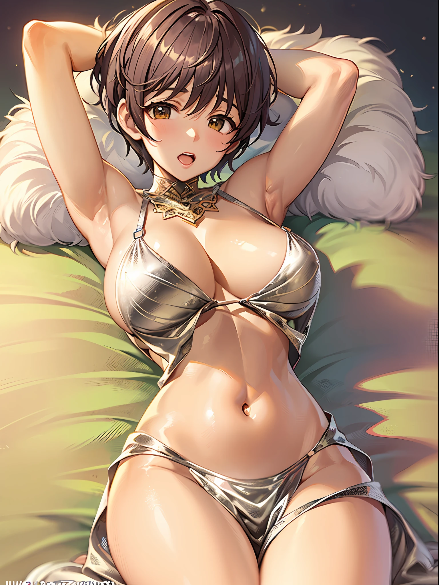 (masterpiece)), ((best quality)), (ultra-detailed), ((kawaii)), cute, (lovely), ((extremely detailed)), 4K, (8K), best quality, (beautiful),(((world-class quality))), extremely detailed, high resolution, (detailed shaded pretty face), full body, teenager, solo, (((gigantic breasts))), (((sagging breasts))), glistening skin, on back, on the bed, armpits, LuxuriousWheelsCostume,  silver dress,  oikawa shizuku, ahegao