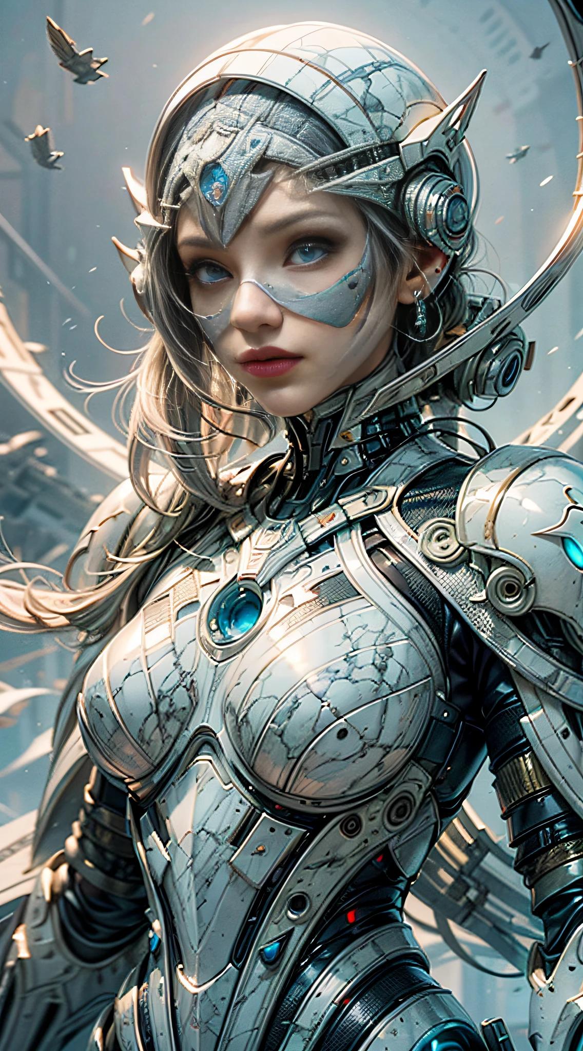 Amazing and clean human figure with all-white futuristic armor(clan,marble) holding light sword(glow) and with white futuristic technological mask, clean white background with scifi circular shapes