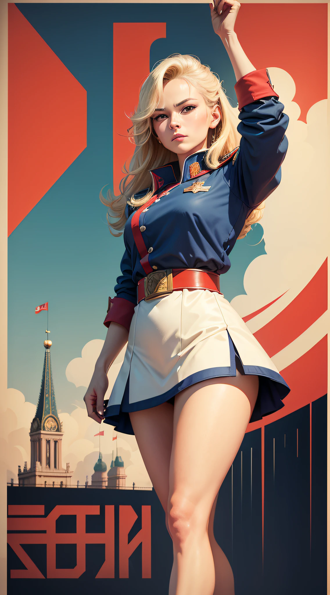 CCCP poster,USSR Poster,Soviet flag in the background,USSR Poster,USSR Poster,October revolution,((CCCP poster,USSR Poster))(Blonde 1 mature girl raises her hand in the air)promotional poster,poster for,Soviet flag on poles,blue sky with fighter jet,校服,1girll,Poster design,Poster art style,1980s,1950s,1960s,1970s,basic colour scheme,colour art,trichotomy,Inspirational,Shogun,military officer,woman,1 mature girl,Hair fluttering in the wind,Hands held high,Revolutions,Point with your finger,red square backdrop,Thin leg, --auto