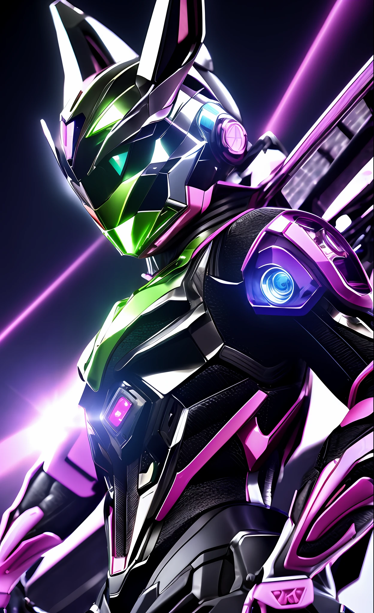 A highly detailed「Rabbit-shaped Kamen Rider」3D rendering of a|cyborgs]Pink cybernetics and pink armor、nffsw、8K、Sub-surface scattering、Specular Light、Hi-Res、octane renderings、Ray traching、Pink rabbit ears、Mobilesuit