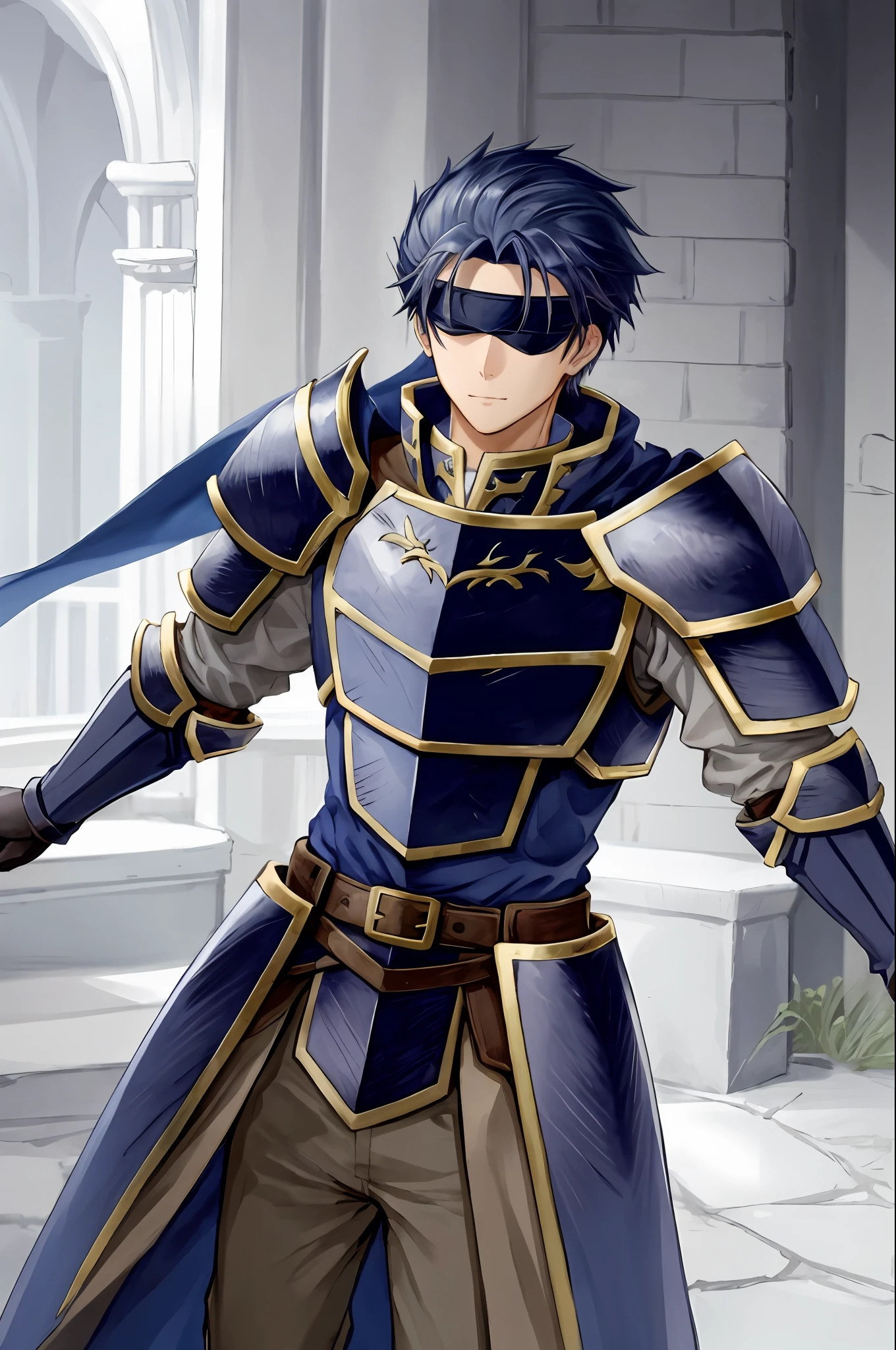 Hector Fey, 独奏, looking at viewert, Cladding,Eye covering(Blindfolded), mitts, 1boys, Male focus, cloaks, armour, Shoulder armor, Castle view