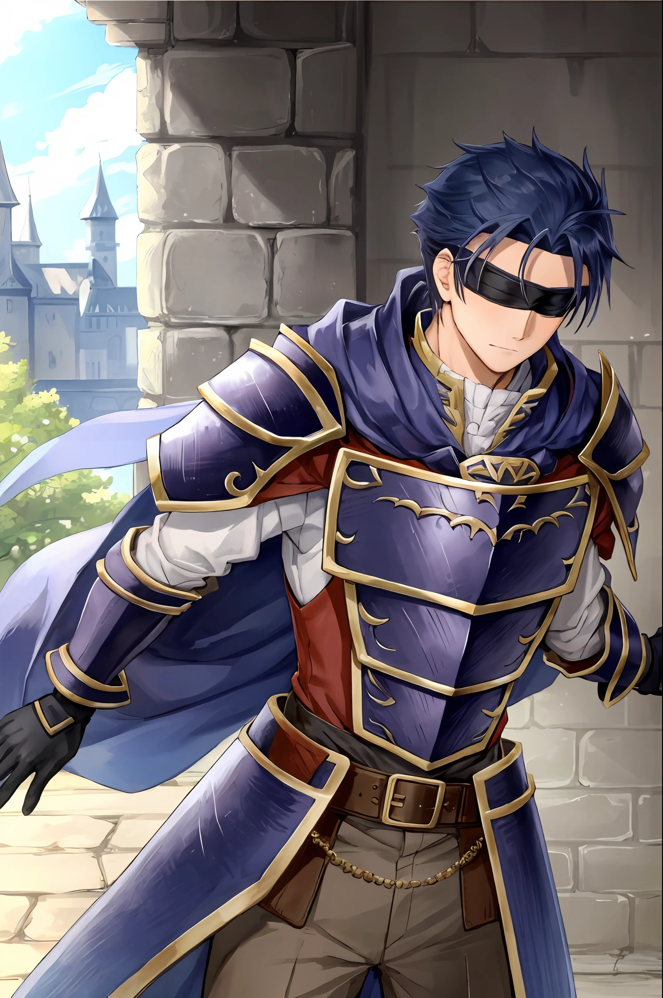 Hector Fey, 独奏, looking at viewert, Cladding,Eye covering(Blindfolded), mitts, 1boys, Male focus, cloaks, armour, Shoulder armor, Castle view