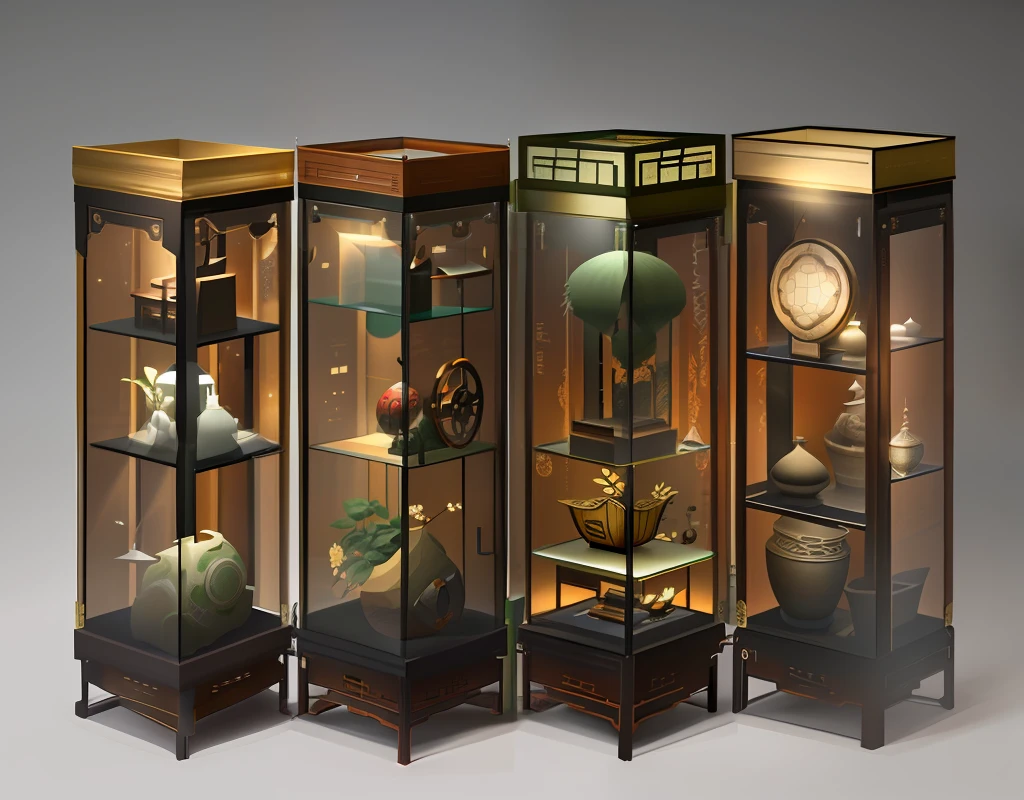 industrial design,Display case,interconnected,Glass dust protection,Chinese style,There are exhibits inside,product design render,真实感,Authentic details,solid color backdrop,Studio lighting