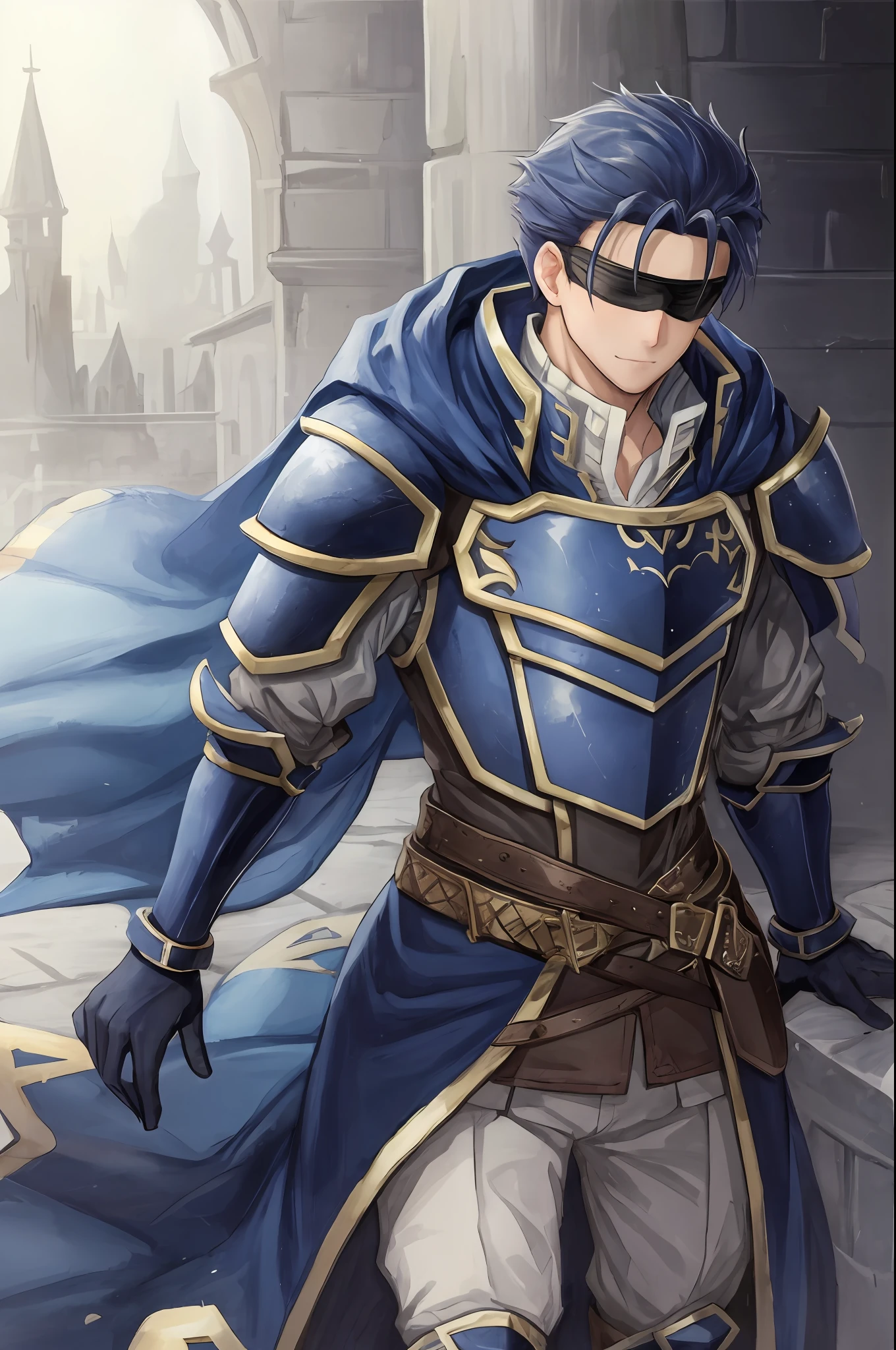 Hector Fey, 独奏, looking at viewert, Cladding,blindfolds(Blindfolded), mitts, 1boys, Male focus, cloaks, Armour, Shoulder armor, Castle view