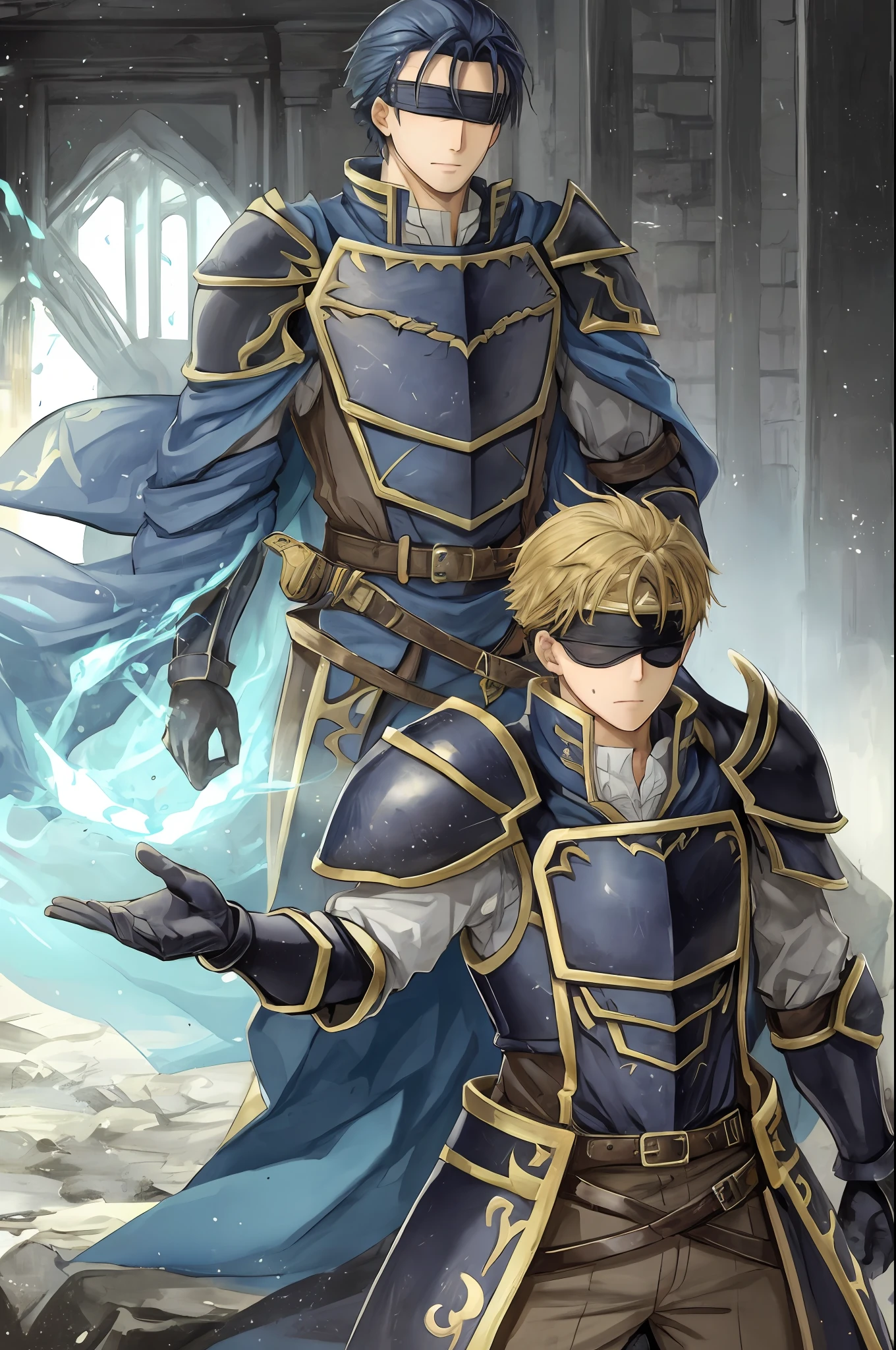 Hector Fey, 独奏, looking at viewert, Cladding,blindfolds(Blindfolded), mitts, 1boys, Male focus, cloaks, Armour, Shoulder armor, Castle view