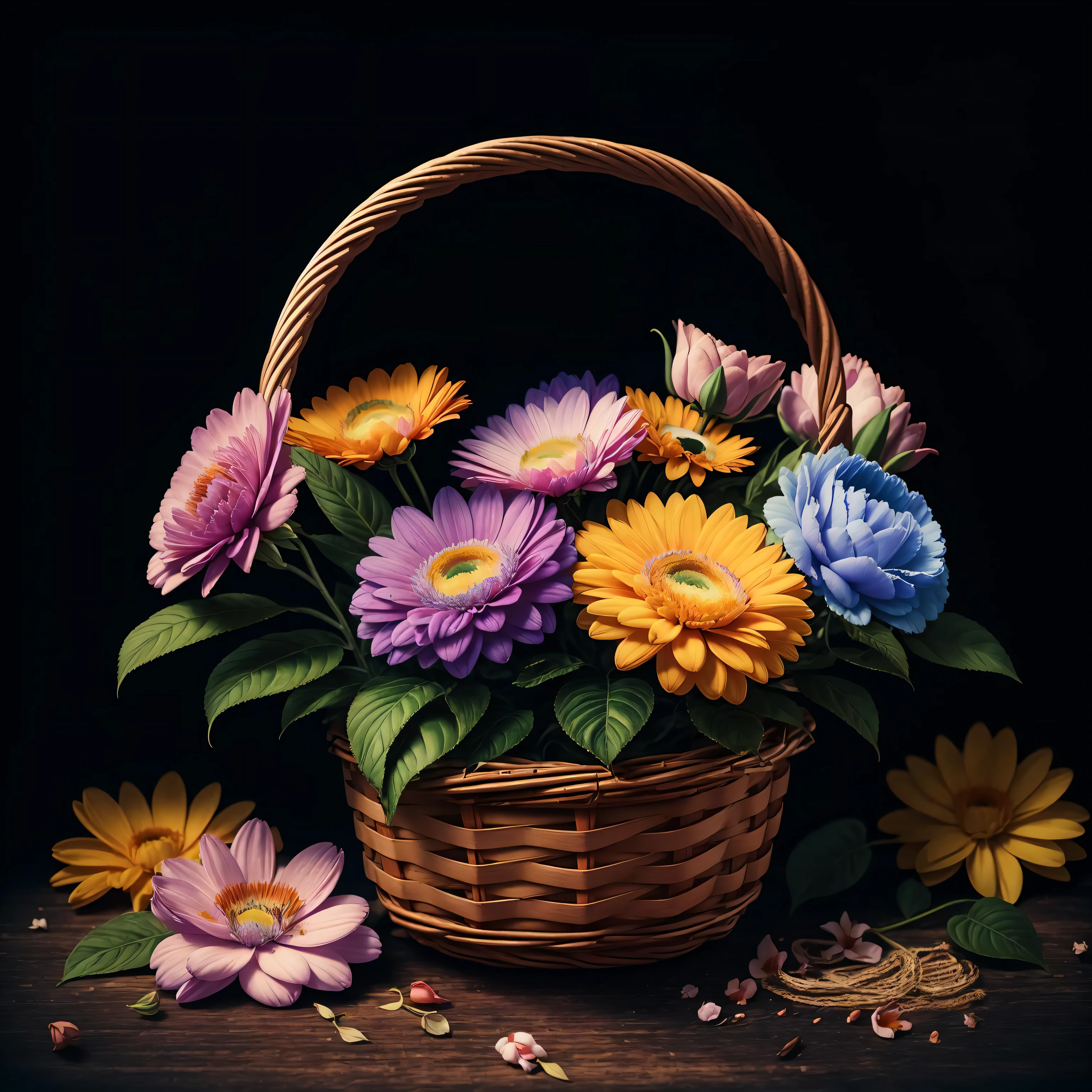 A basket of flowers,
yang08k, photography, beautiful,  black background, colorful,realistic,
masterpieces, top quality, best quality, official art, beautiful and aesthetic,