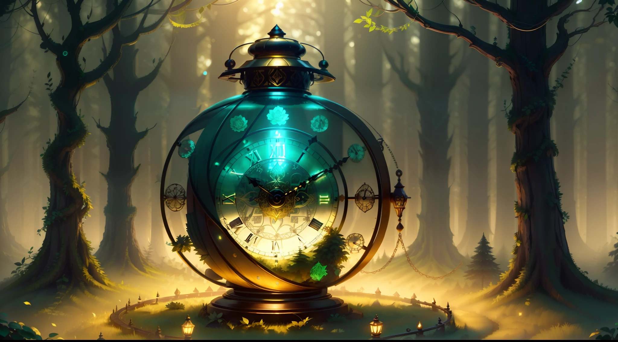 Photo of a large hand holding an antique gold watch, magia-fantasia-floresta, arte digital, most amazing art in the world, ((sem humanos)), Light Volumetric, cores suaves equilibradas, forest scenario, videiras, uhd, render de octanas 8k, magica, Awesome, ethereal, intrincado, design intrincado, ultra sharp, sombras, cores mais frias, trend in CGSociety, olhos brilhantes, ((melhor qualidade)), ((obra-prima)), (detalhado), antique clock