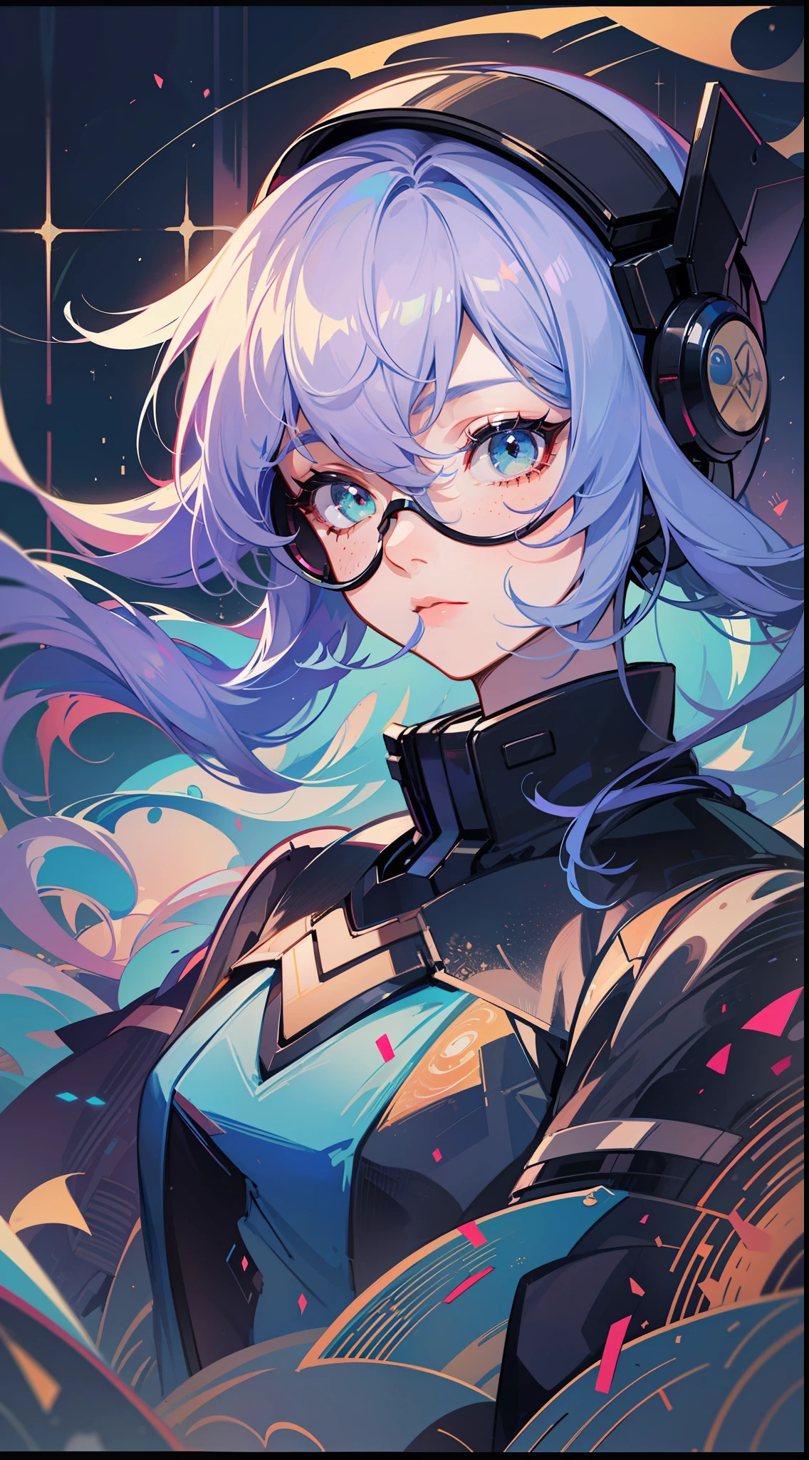((tmasterpiece)), ((ultra - detailed)), ((best qualtiy)), 美丽细致的眼睛, Detailed face, The best lighting, The best shades, 1 rapariga,doi,Overwatch,Close-up of the side top-down,独奏, ((cyber punk style, edge lit, machine arm,Hologram aura,Surreal Science Fiction Art,Future Science Fiction Aesthetics,Flat 2D style)), ((The main colors are purple and green)), Large disc, (Girl inside the screen:1.5),Mobile Paradise,Orange bulb,A world made up of mobile phones,Gamepad,laptop,VR glasses,Virtual screen, freckle, Cold nose, (((Buble))), illustration,japanese inspired, (highly detailed), Whirlpool effect,