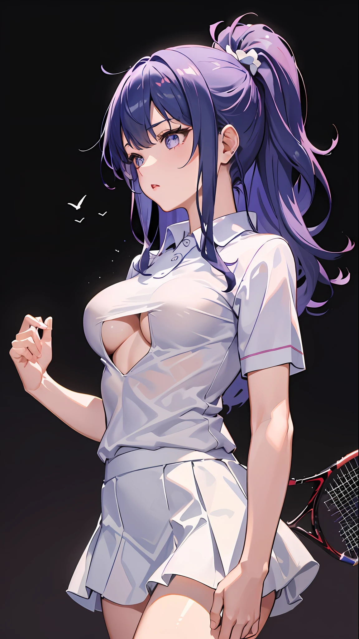 1girl, solo, tennis wear, White polo shirt, White sneakers, white mini-skirt, tmasterpiece, Best quality at best, Photorealsitic, ultra - detailed, slim, (shiny skins, perspired:1.4), absurd res, looking at viewert, Short double ponytail, brunette color hair, with brown eye, Dynamic light and shadow, A high resolution, Sharp focus, depth of fields, detailedeyes, Sharp pupils, Realistic pupils, (smallunderboob:1.3), (thick thight:1.1), exteriors, Skysky,