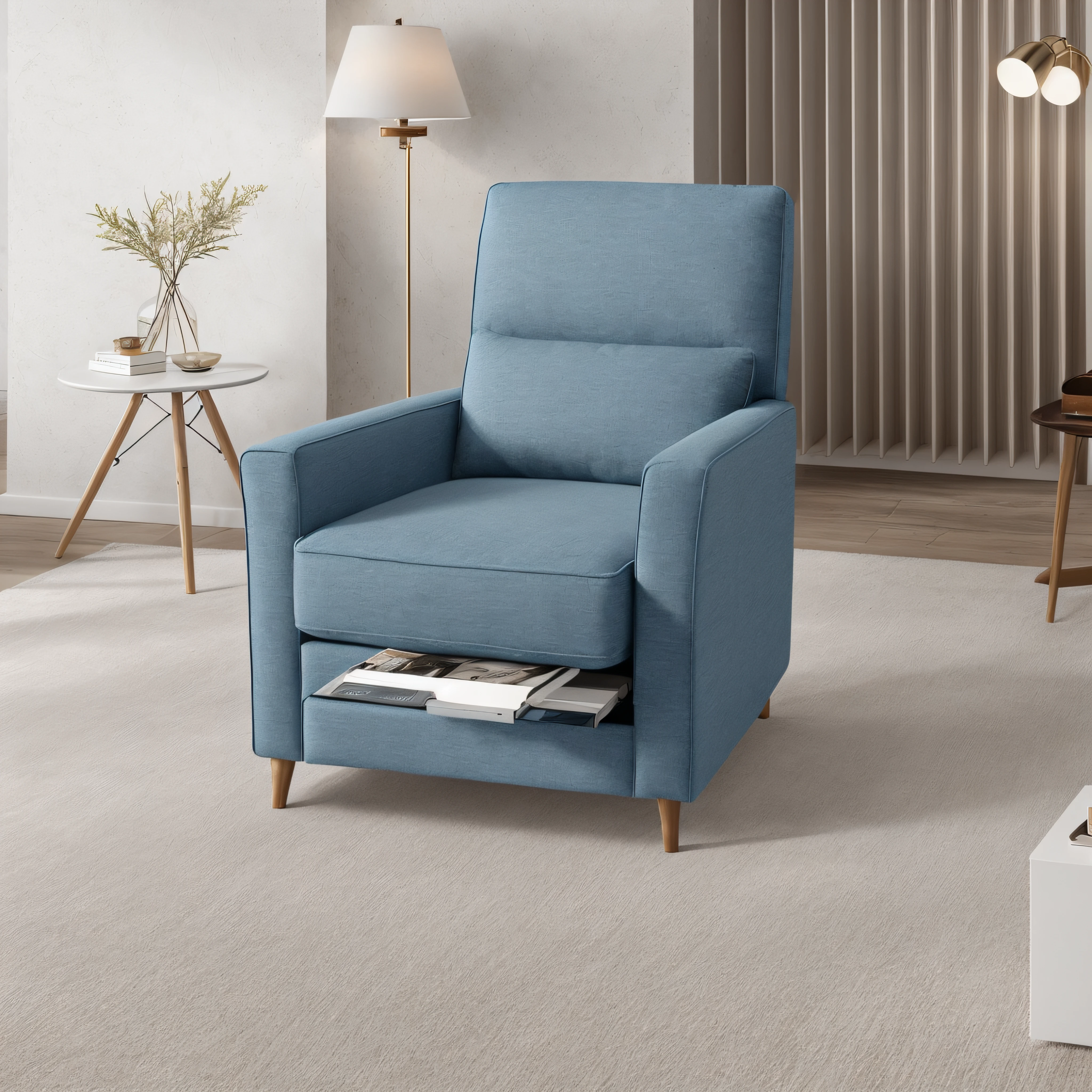Allafed chaise longue in the living room,There was a carpet and a lamp, armchairs, armchair, placed in a living room, high resolution product photo, dark teal couch, furniture photography, placed in a large living room, detailled image, high quality product image”, product introduction photos, 3 colour, Picton Blue, high detail product photo, product photograph,Extremely realistic, photo realistic image, Ultra photo realsisim, very very very realistic,best qualtiy