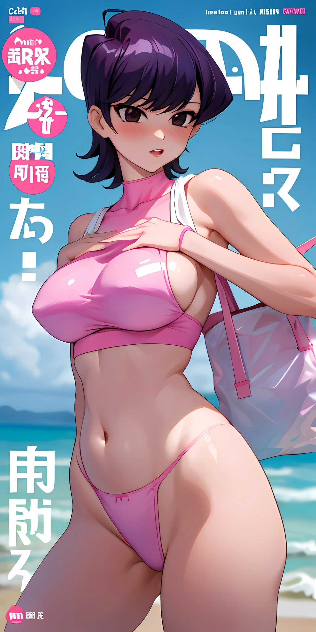 Komi Shuuko,Hanging bag erotic underwear,A MILF,Slim and healthy body shape,D-cups,Pink and rosy skin,Pink and shiny skin,exposing her chest,Exposing the abdomen,Naked,Gym girl,Fleshy thighs,Comic cover style,Comic title,adolable,Ocean park