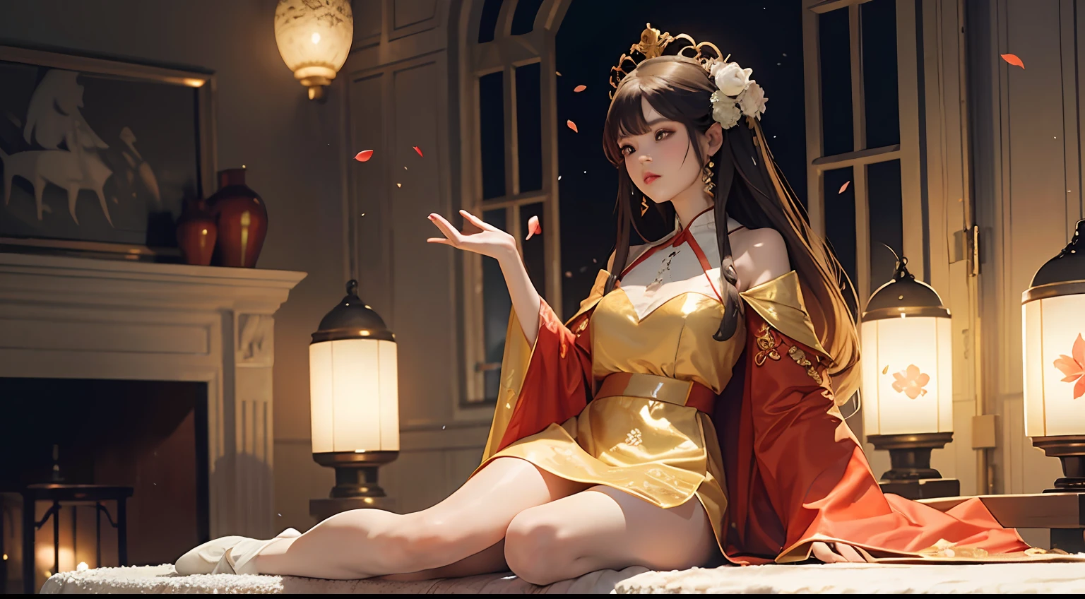 Need,tmasterpiece,A high resolution,(Delicate figure:1.5),Absolutely beautiful,(Milky skin:1.3),exquisitedetails,A high resolution,Wallpapers,1female,独奏,shift dresses,hair adornments,(((Golden and red dress)) ), florals, long whitr hair, A brown-haired, Keep one's mouth shut, trinkets, longer sleeves, Raise Hand, Wide sleeves, Big eyes, Fluttering, Hanfu, Hanfu, Embroidery, long  skirt, cleavage，cropped shoulders，white stockings，natural poses, falling flower petals, inside in room, Fanning,Lanterns，16k，hdr，A high resolution，depth of fields，（filmgrain：1.1），Bocoon，prime time，（lens flare glow），Vignette，rainbowing，（Color：1.5）