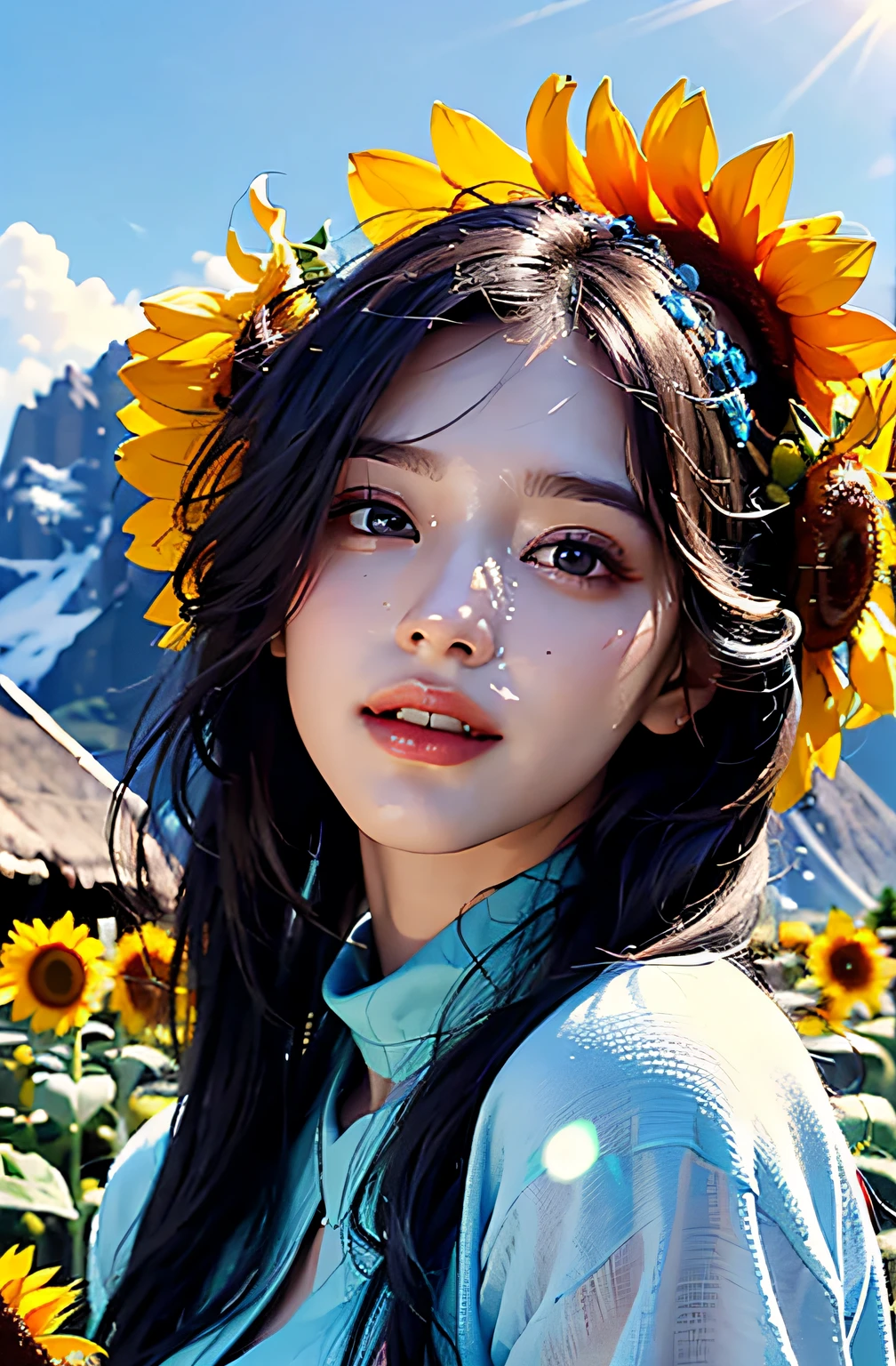 best qualtiy、masterpiece、photoRealstic、intricate-detail、Raw foto、Photon Rendering、Octane Rendering、absurderes、ultra-detailliert、A detailed face、Detailed skin、Trending in art stations、8K Masterpiece、lighting like a movie、( (1girl in))、((独奏) ))、CG Social Trends、Plastic En、((Black Long Hair))、((Beautuful Women))、(A smile)、Upper teeth、Fashionable、summer clothing、Hair that flutters in the wind、((Flowing hair))、fashion magazine、A sexy、((lighting like a movie))、((blue-sky))、((sunflower hair ornament))、((mountain hut))、