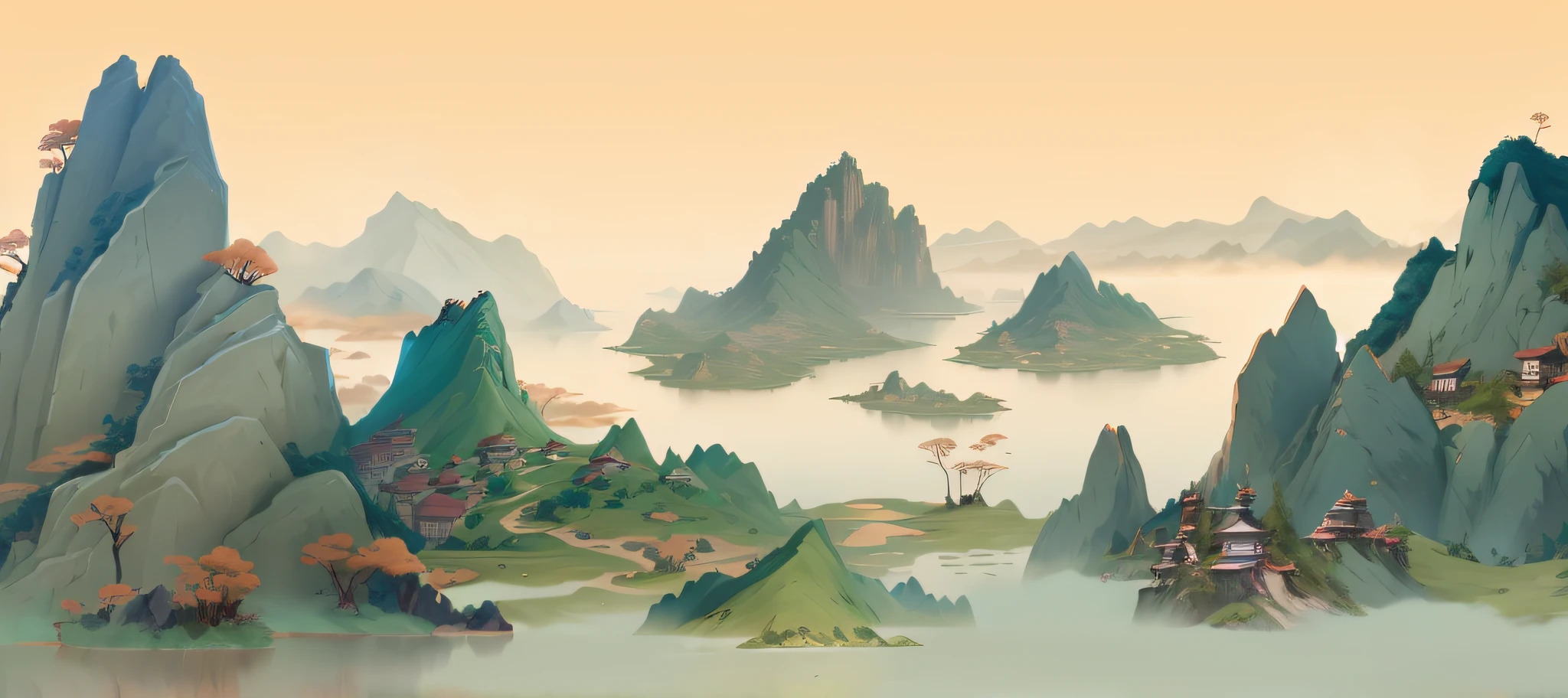 There is a cartoon picture of a mountainous landscape with a lake, avatar landscape, Floating mountains, Detailed scenery —width 672, legend of korra setting, Chinese landscape, author:Li Tiefu, artwork in the style of z.Show on the. gu, brittney lee, Anime landscape, Beautiful rendering of the Tang Dynasty, inspired by Yuan Jiang, Illustration matte painting