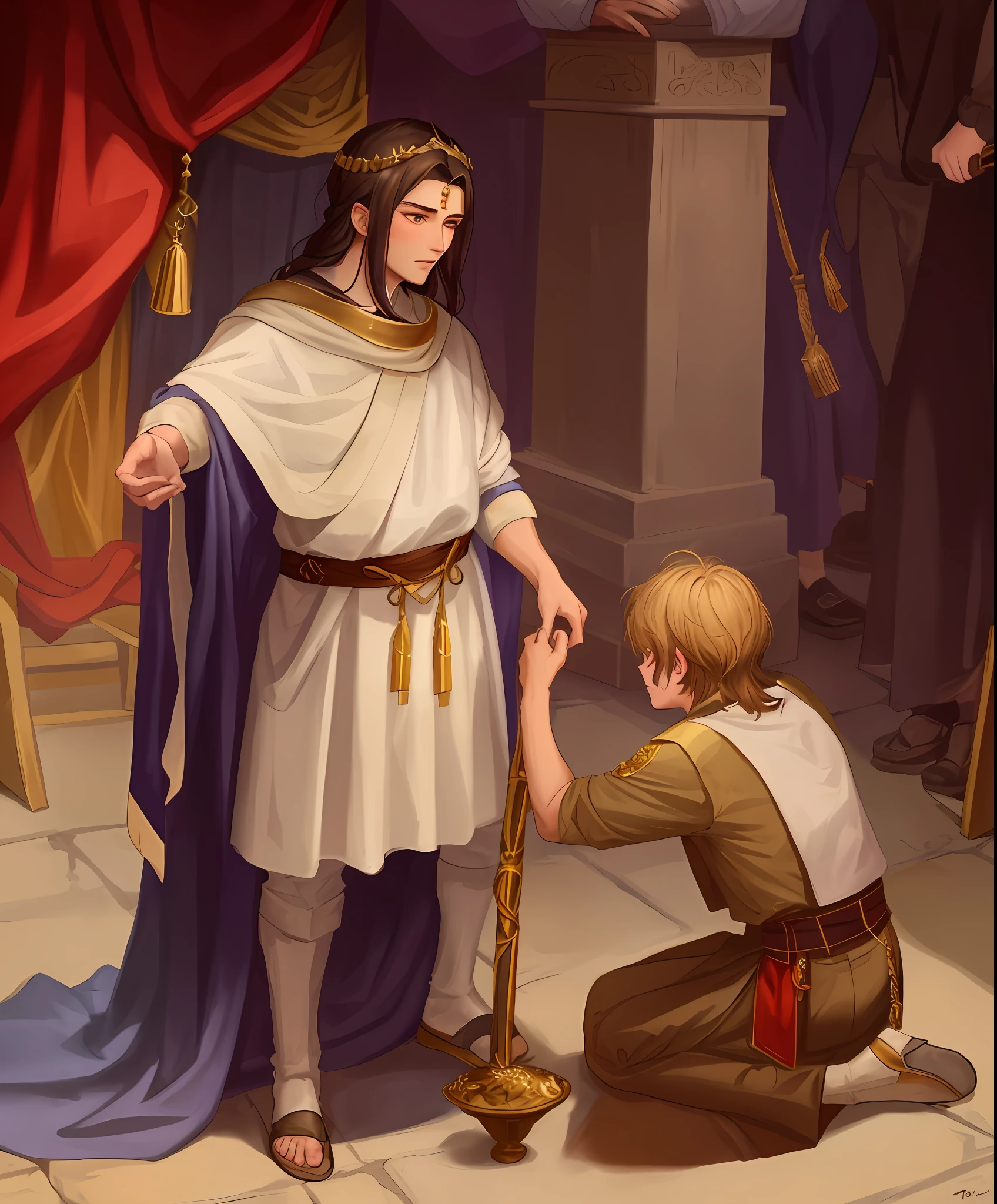uma pintura de um homem ajoelhado ao lado de um homem em uma coroa, granting him a noble title, celebrando um rei sendo coroado, historical artistic depiction, Davi e Golias, Reis antigos em vestes brancas, Pintura de Golias, bible illustration, biblical image, biblical clothing, epic biblical representation, Directed by: Bela Condor, Ancient Biblical