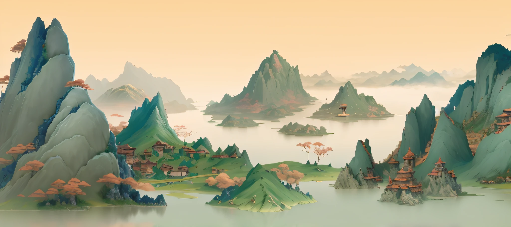 There is a cartoon picture of a mountainous landscape with a lake, avatar landscape, Floating mountains, Detailed scenery —width 672, legend of korra setting, Chinese landscape, author:Li Tiefu, artwork in the style of z.Show on the. gu, brittney lee, Anime landscape, Beautiful rendering of the Tang Dynasty, inspired by Yuan Jiang, Illustration matte painting