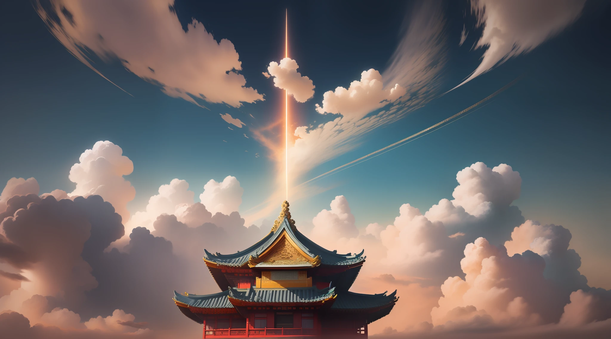 heaven,Palace on the clouds,Above the auspicious clouds,A lot of ancient Chinese buildings,Clouds,Golden palace,high-definition,highdetailed,distance view,Photo texture,distance view