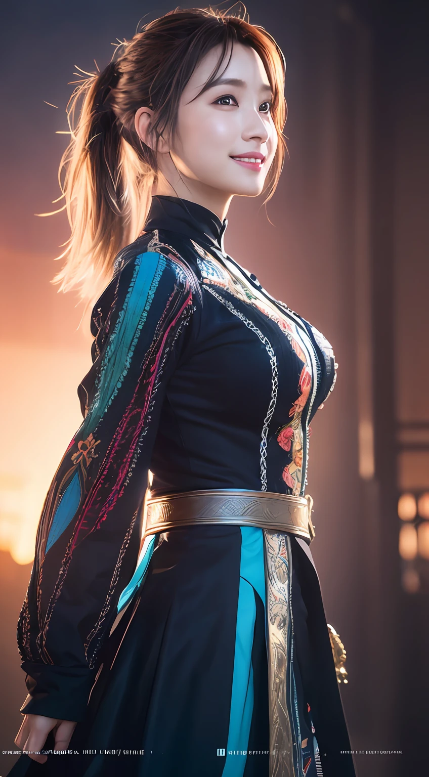 (Extremely detailed Cg Unity 8K wallpaper), most beautiful artwork in the world, 1girll, full body, Kpop idol, multicolored hair, pony tails, aqua eyes, Smile, Large of breast, Front, surrealism, Cinematic lighting, From below, hyper HD, retinas