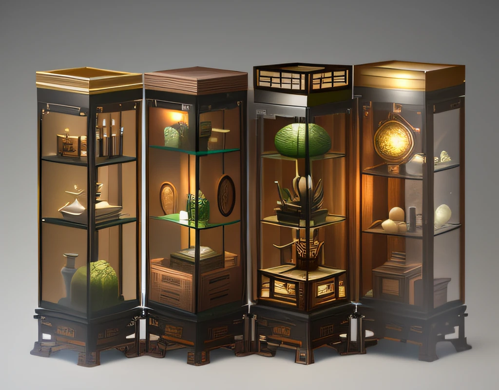 industrial design,Display case,Glass is dustproof,Chinese style,Micro-engraving,There are exhibits inside,product design render,真实感,Authentic details,solid color backdrop,Studio lighting