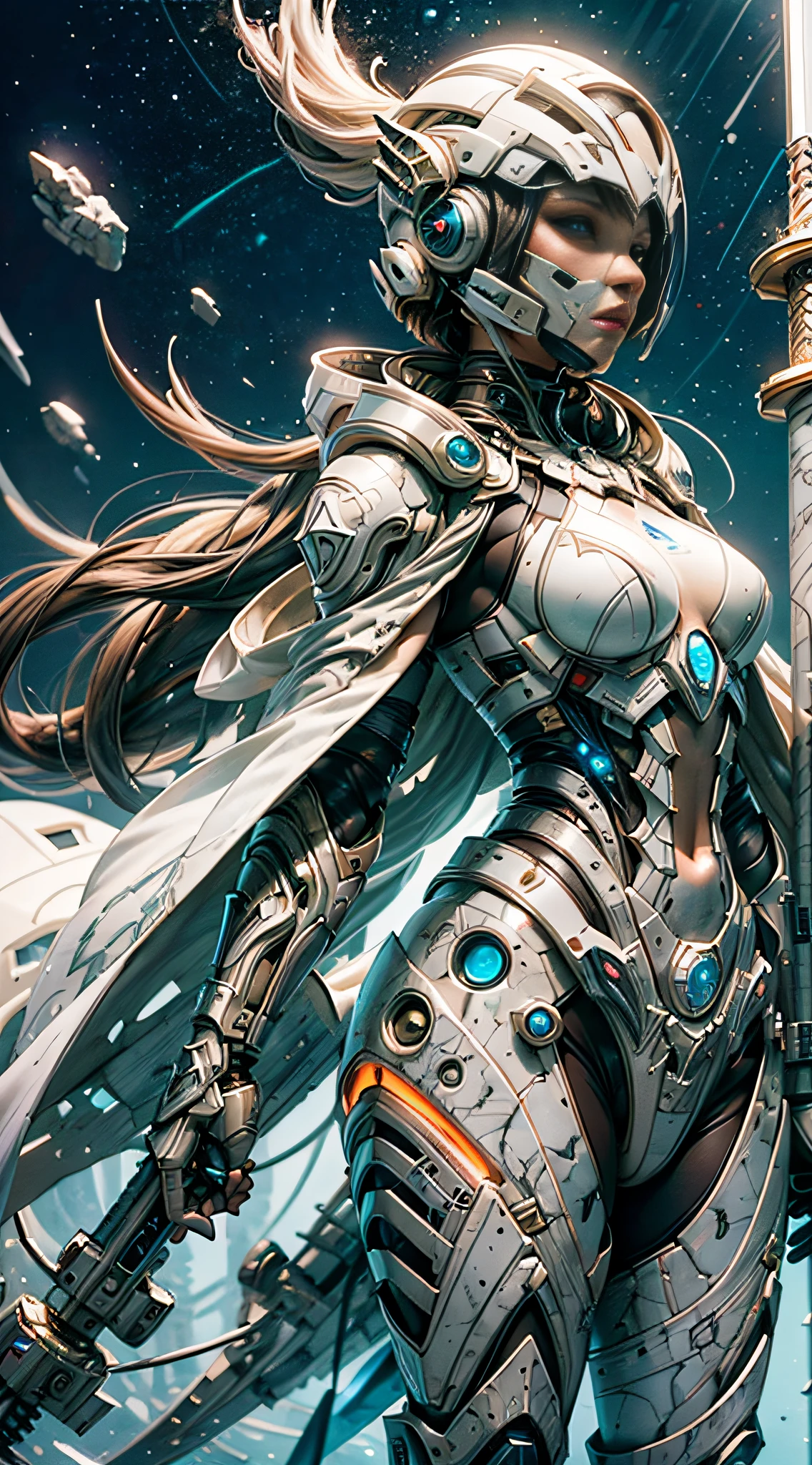 Amazing and clean human figure with all-white futuristic armor(clan,marble) holding light sword(glow) and with white futuristic technological mask, clean white background with scifi circular shapes