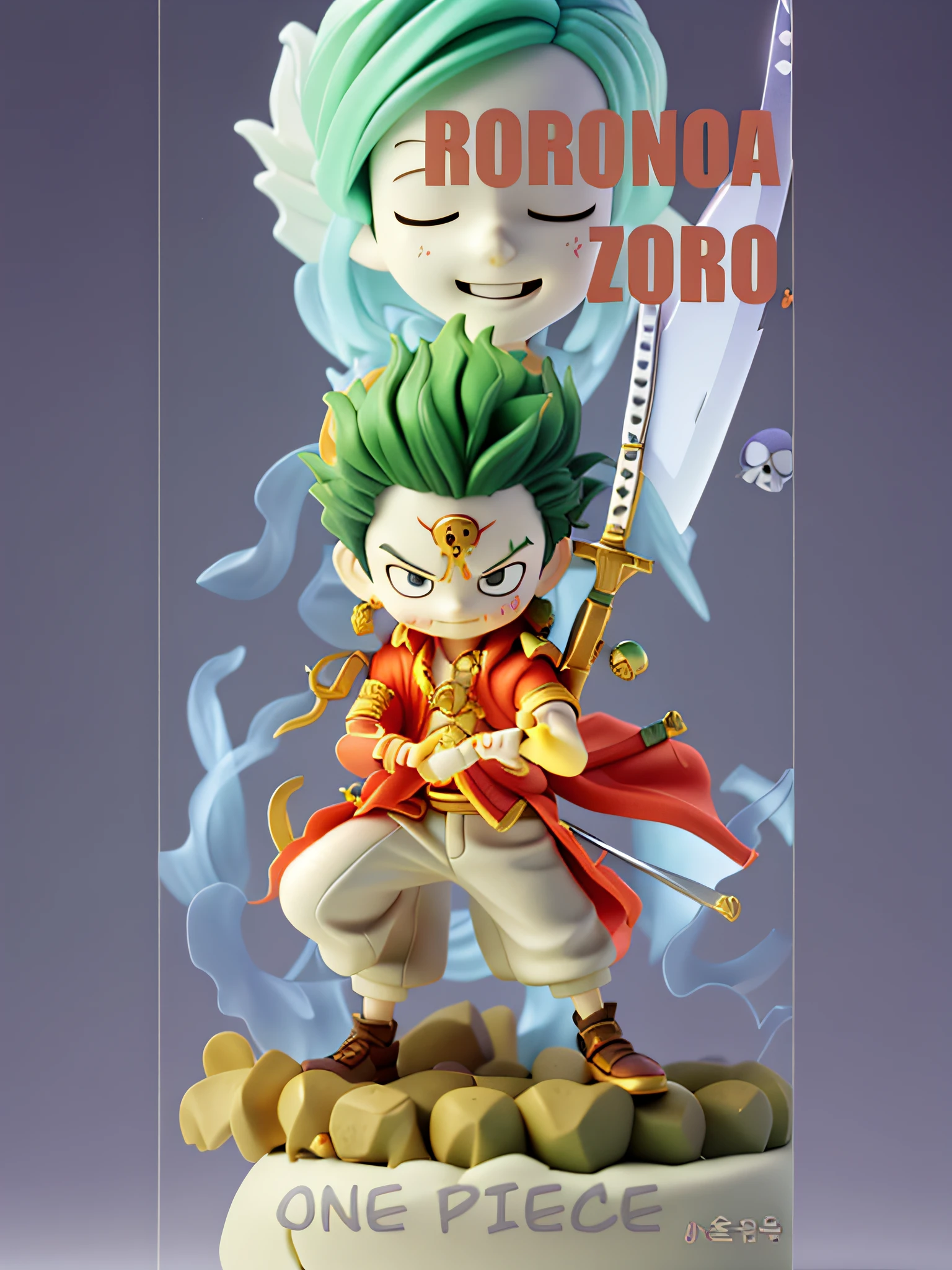 One Piece,Solon,Roronoa Solon,Chlorella head,Fighting posture,Three-knife flow,The eye patch covers the right eye,Figures,Blind box figures,Close-up of statue of man with sword,Knife pulling posture,Fierce eyes,standing on your feet,Three thousand worlds,ssmile,Ghost fire,Step on the skull,There is a ghost fire behind him,There are scars on the face,skull earrings,Buddha bead necklace,Q version,3D,8K,best qualtiy,detail-rich,a close up of a statue of a person with a sword, anime action figure, Anime figur, High-quality fanart, Anime figure, 3D anime poster, official artbook, nihonga