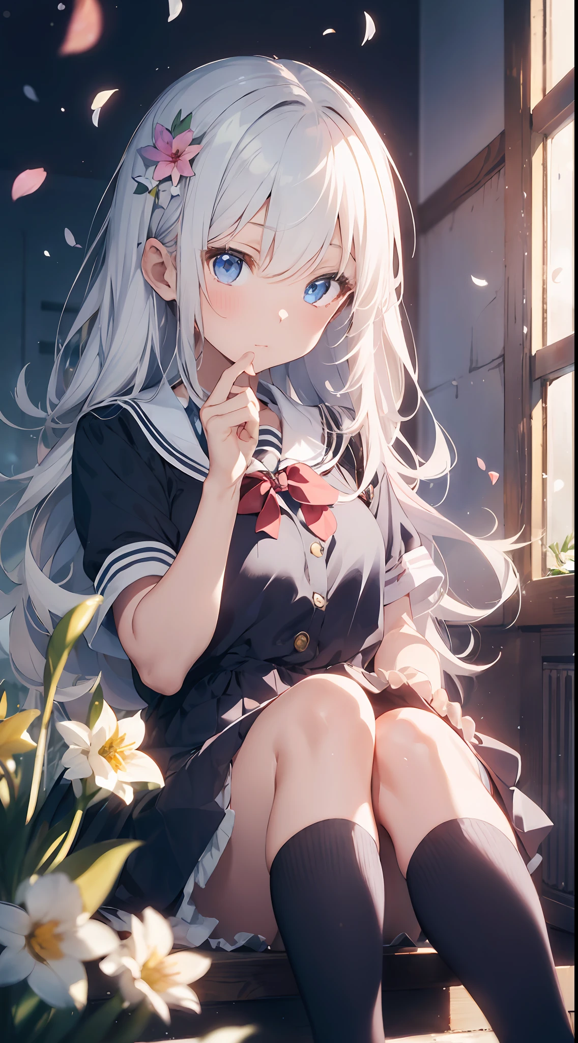 1girl, beautiful detailed eyes, long white hair, light blue eyes, school uniform, high white stocking, vivid, flower, daffodil, hyacinth, falling petals, , high contrast, ((masterpiece, best quality)), cinematic light, cinematic composition