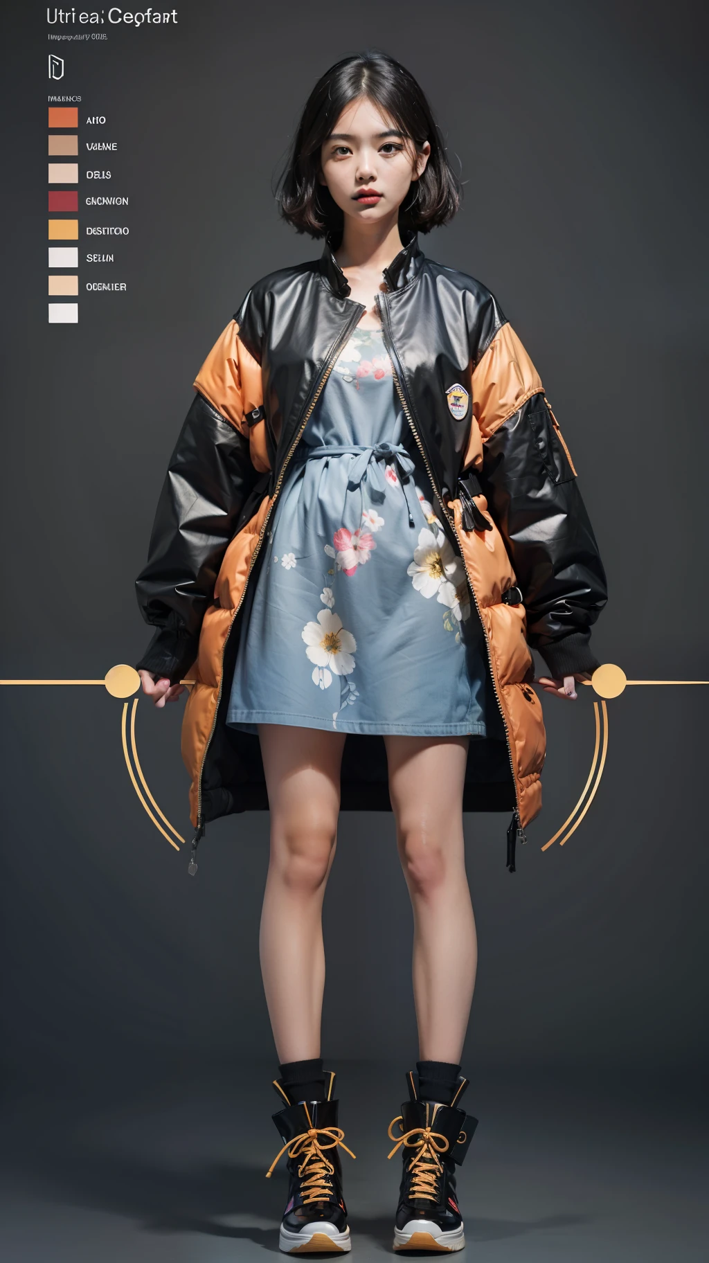 masterpiece, best quality, 1girl,highres, absurdres, full body,(ultra-detailed:1.1025), (illustration:1.1025), (infographic:1.1025), patent drawings, physical measurement, (all clothes configuration:1.1025), stationery, (solo:1.1025),standing, cohesive background, 5 fingers in hands, character sheet,