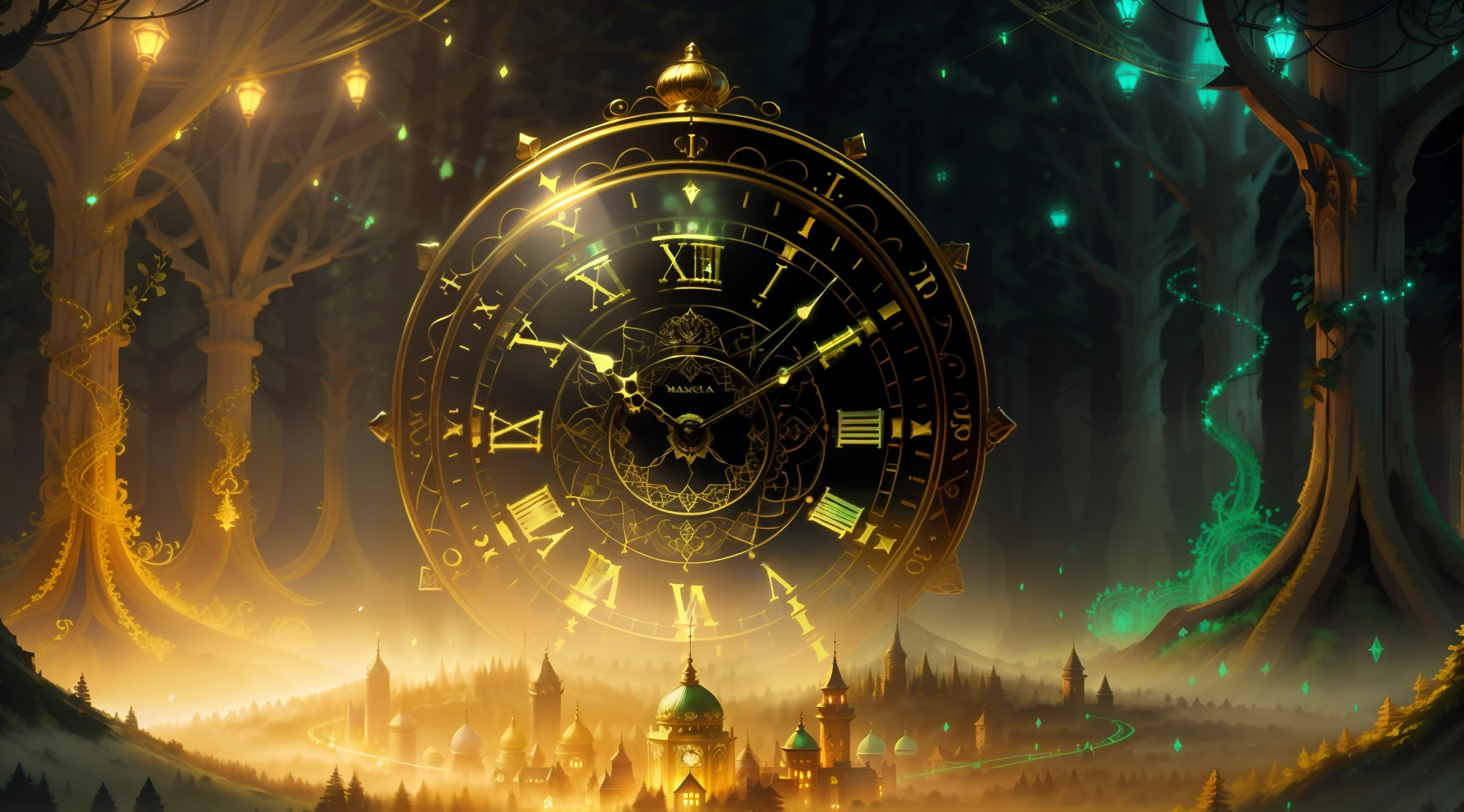 Photo of a large hand holding an antique gold watch, A mini city under the clock, magia-fantasia-floresta, Arte Digital, most amazing art in the world, ((Sem humanos)), light volumetric, cores suaves equilibradas, forest scenario, videiras, UHD, render de octanas 8k, Magia, Awesome, Ethereal, intrincado, design intrincado, Ultra sharp, Sombras, cores mais frias, trend in CGSociety, olhos brilhantes, ((melhor qualidade)), ((obra-prima)), (detalhado), antique clock