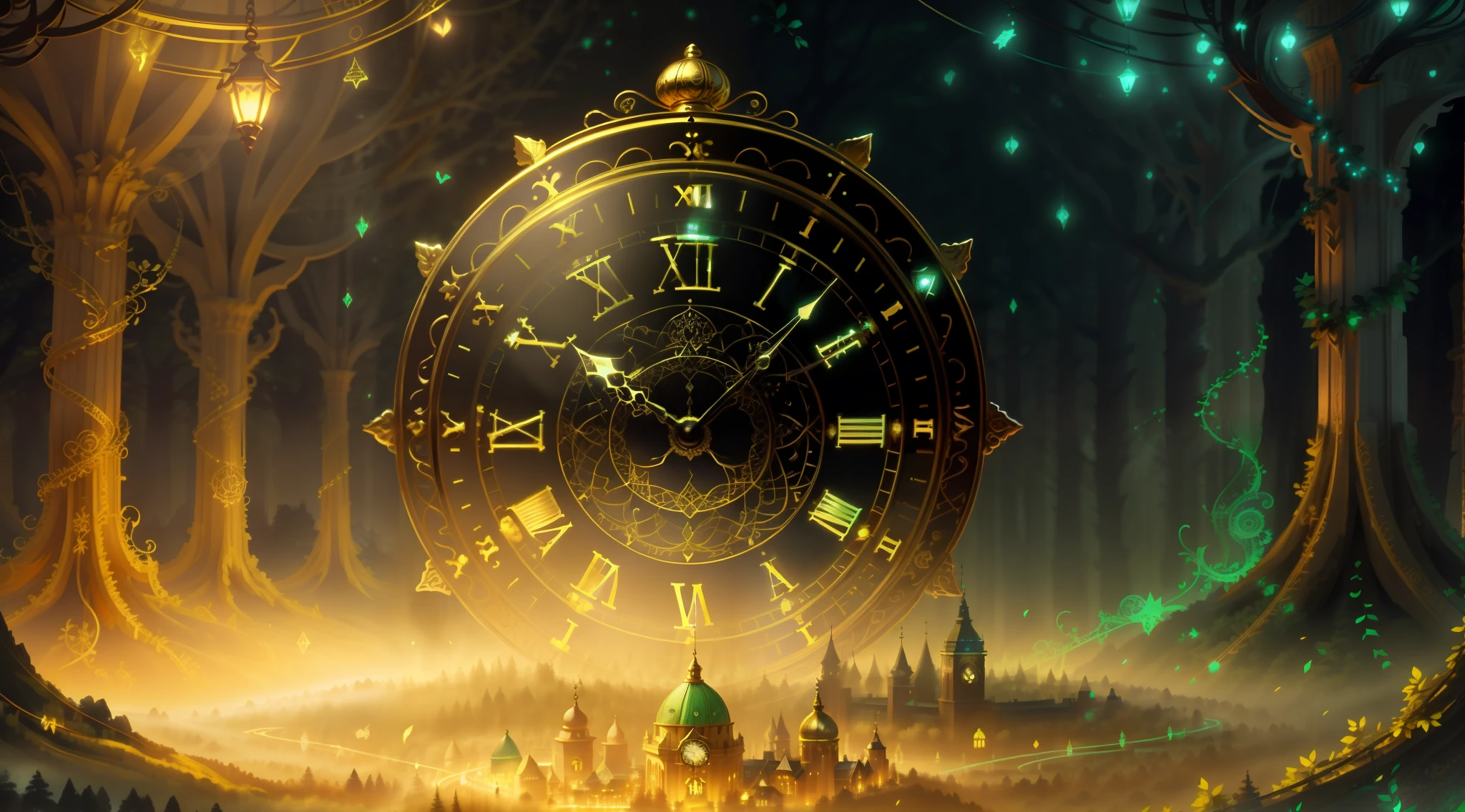 Photo of a large hand holding an antique gold watch, A mini city under the clock, magia-fantasia-floresta, Arte Digital, most amazing art in the world, ((Sem humanos)), light volumetric, cores suaves equilibradas, forest scenario, videiras, UHD, render de octanas 8k, Magia, Awesome, Ethereal, intrincado, design intrincado, Ultra sharp, Sombras, cores mais frias, trend in CGSociety, olhos brilhantes, ((melhor qualidade)), ((obra-prima)), (detalhado), antique clock