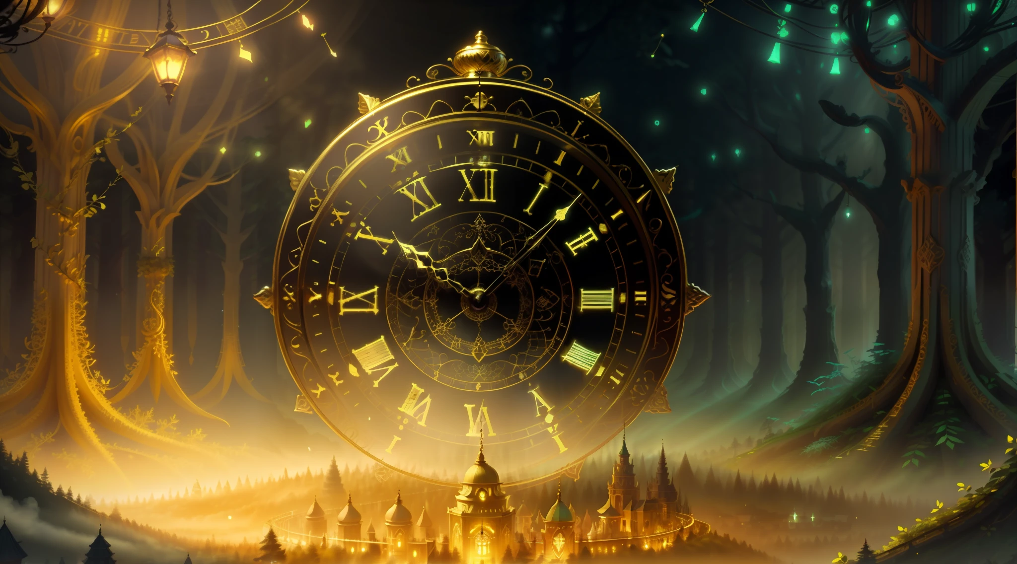 Photo of a large hand holding an antique gold watch, A mini city under the clock, magia-fantasia-floresta, Arte Digital, most amazing art in the world, ((Sem humanos)), light volumetric, cores suaves equilibradas, forest scenario, videiras, UHD, render de octanas 8k, Magia, Awesome, Ethereal, intrincado, design intrincado, Ultra sharp, Sombras, cores mais frias, trend in CGSociety, olhos brilhantes, ((melhor qualidade)), ((obra-prima)), (detalhado), antique clock