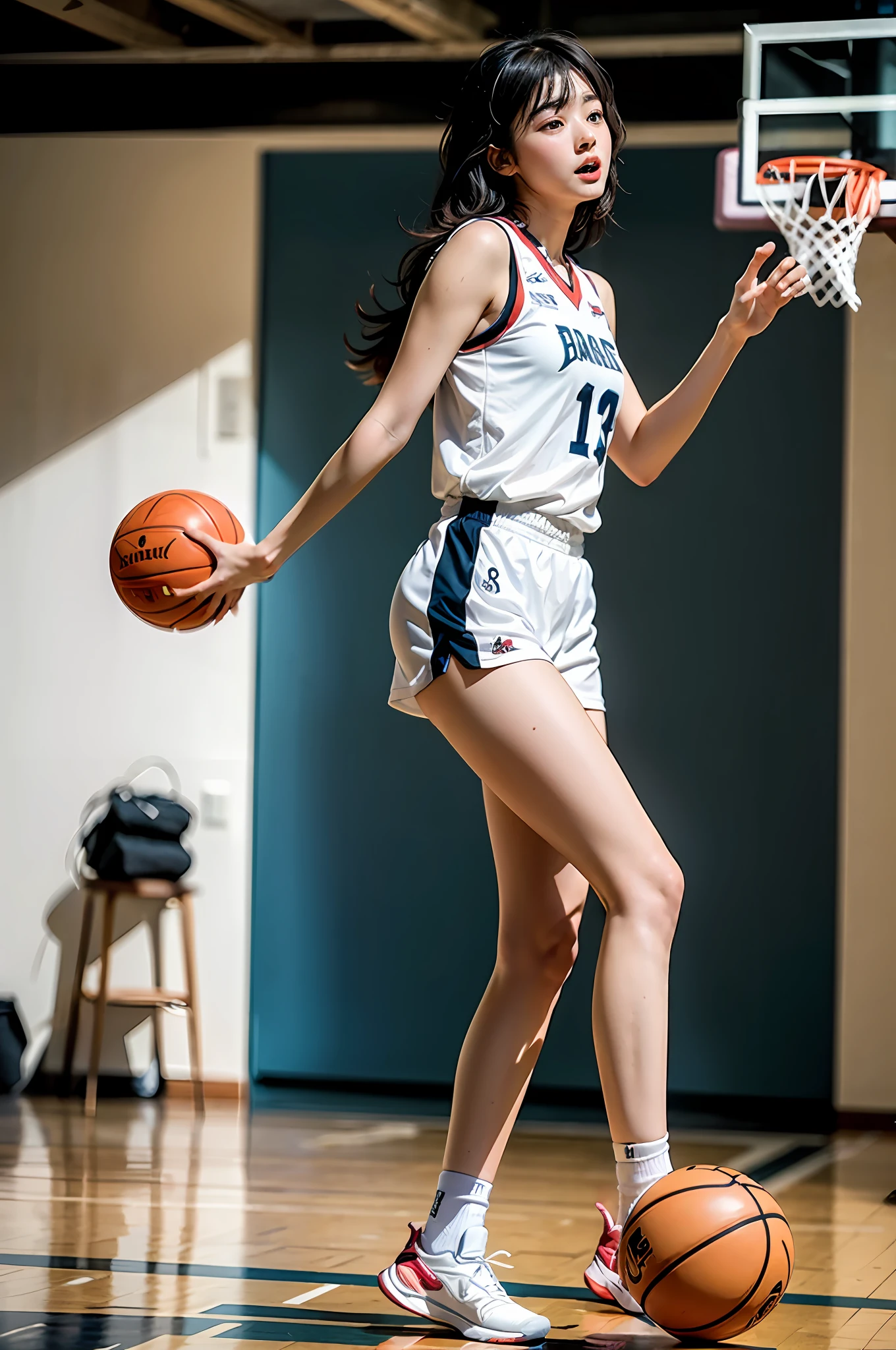 (8K, Best quality, Masterpiece: 1.2), (Realistic, Realistic: 1.37), Ultra detailed, Best quality, 超高分辨率, Professional lighting, photon maping, Radio City, physically-based renderingt, Cinematic lighting, basketball playground, depth of fields, Clear focus, rays of sunshine, well-composed, (Bokeh: 1.2) 1girll, Solo, (full bodyesbian), (Keep your mouth shut), beautiful and detailed eye, Pose, a narrow waist, basketball suit, brunette color hair, messy hair, Long hair blowing in the wind,(Ulzzang-6500:1.2)mix4,hiqcgbody,Cai Xukun plays basketball