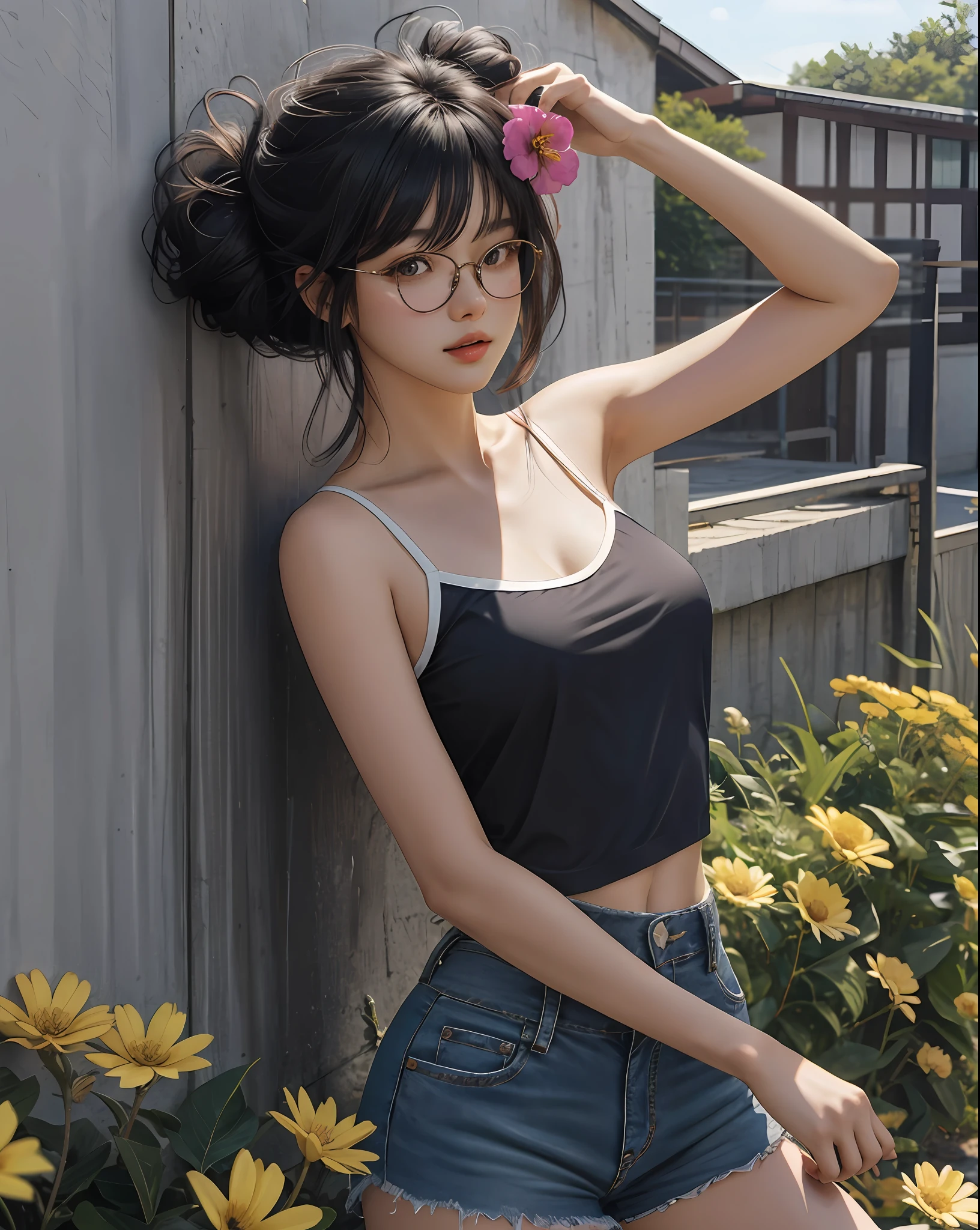 realistic, masterpiece, high quality, vivid colors, 1girl, black hair, messy hair, half updo, glasses, camisole, medium breasts, jean shorts, (against wall, holding a flower), expressionless, looking at viewer, blush, outdoors, shade