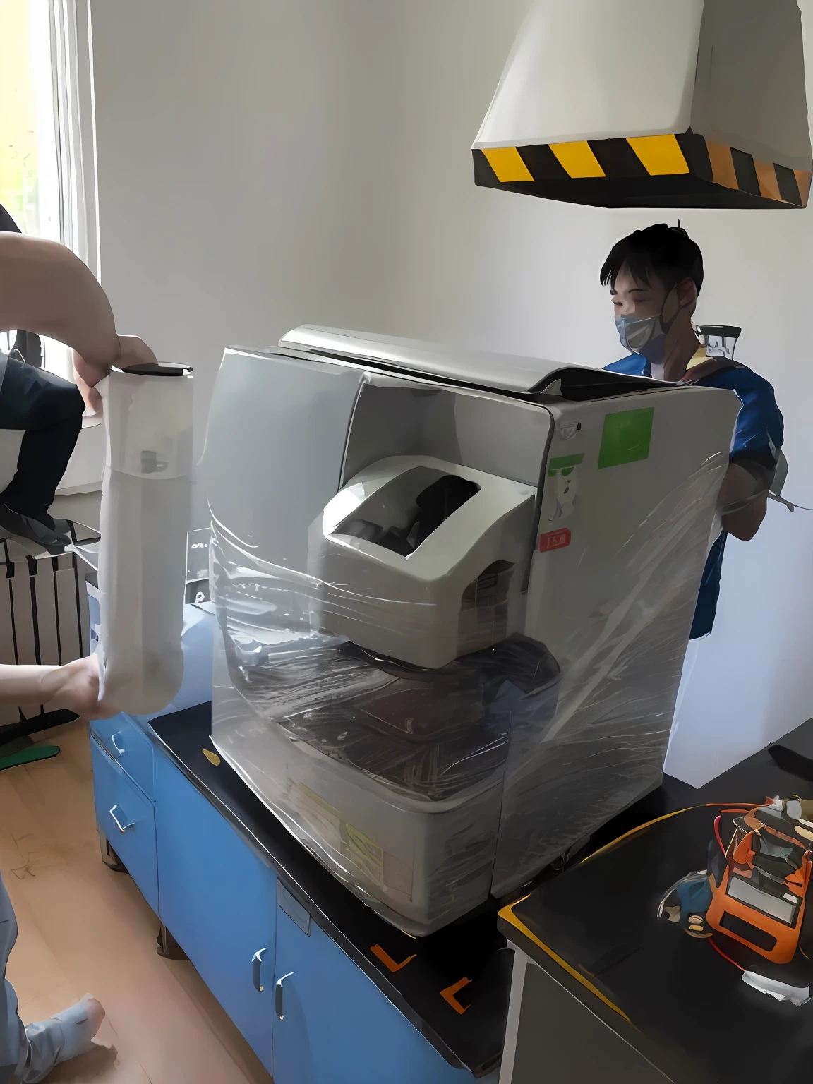 There are two people in one room，There is a machine and a man, author：Yi Zaiwan, Self-restraint, medical machinery, diaper disposal factory, electrostatics, High quality material BSSRDF, diaper disposal robot, Lab Room, by Ni Yuanlu, Professional work, handling laboratory equipment, Very high quality, Advanced technology, VTM