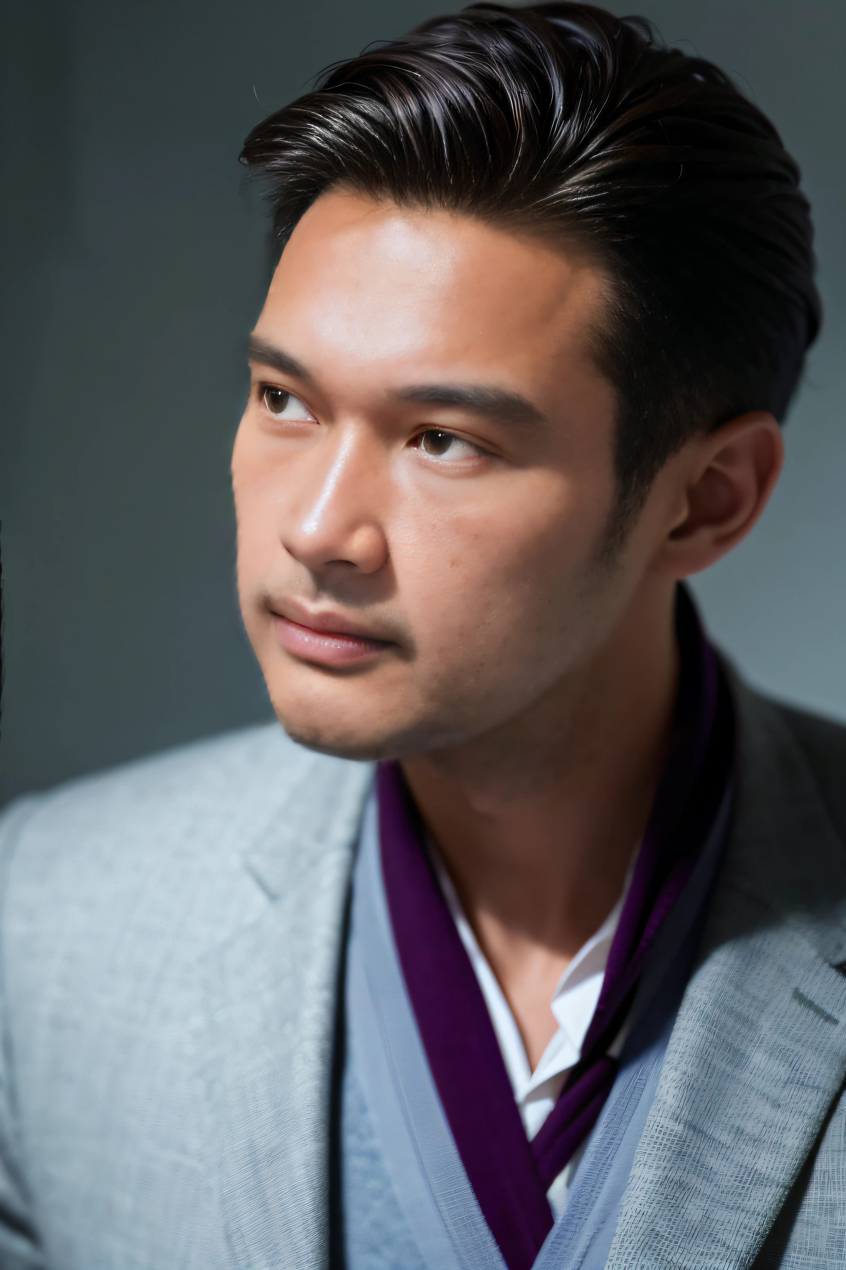 A portrait of a handsome man,best quality,masterpiece, Simple grey background,85mm huge/nice,