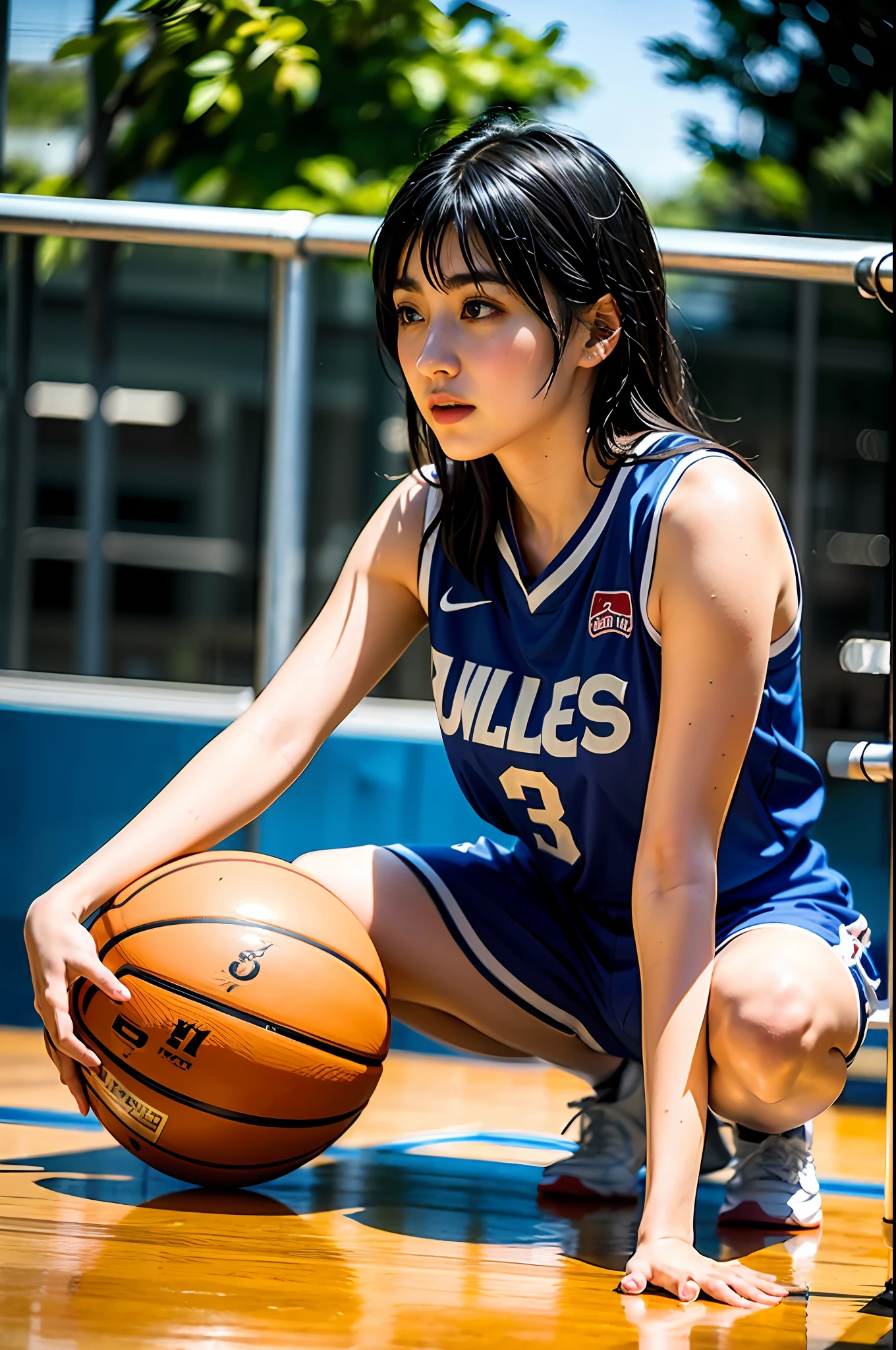 (8k, Best Quality, Masterpiece: 1.2), (Realistic, Realistic: 1.37), Ultra Detailed, Best Quality, Ultra High Resolution, Professional Lighting, Photon Mapping, Radiosity, Physically Based Rendering, Cinematic Lighting, Basketball Court, Depth of Field, Sharpness focus, sunlight, good composition, (bokeh: 1.2) 1girl, solo, (full body), (closed mouth), beautiful and detailed eyes, pose, narrow waist, basketball uniform, black hair, messy hair, long hair blowing in the wind, (ulzzang-6500:1.2) mix4, hiqcgbody