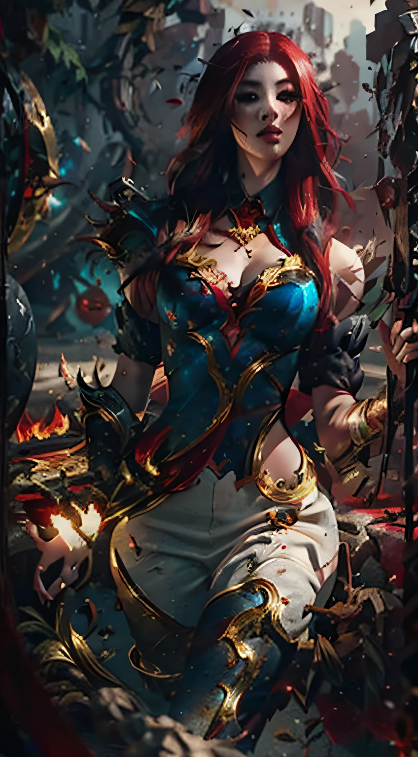 league of legends, lol, katarina, long hair, red hair, thicc, sexy, realistic, detailed