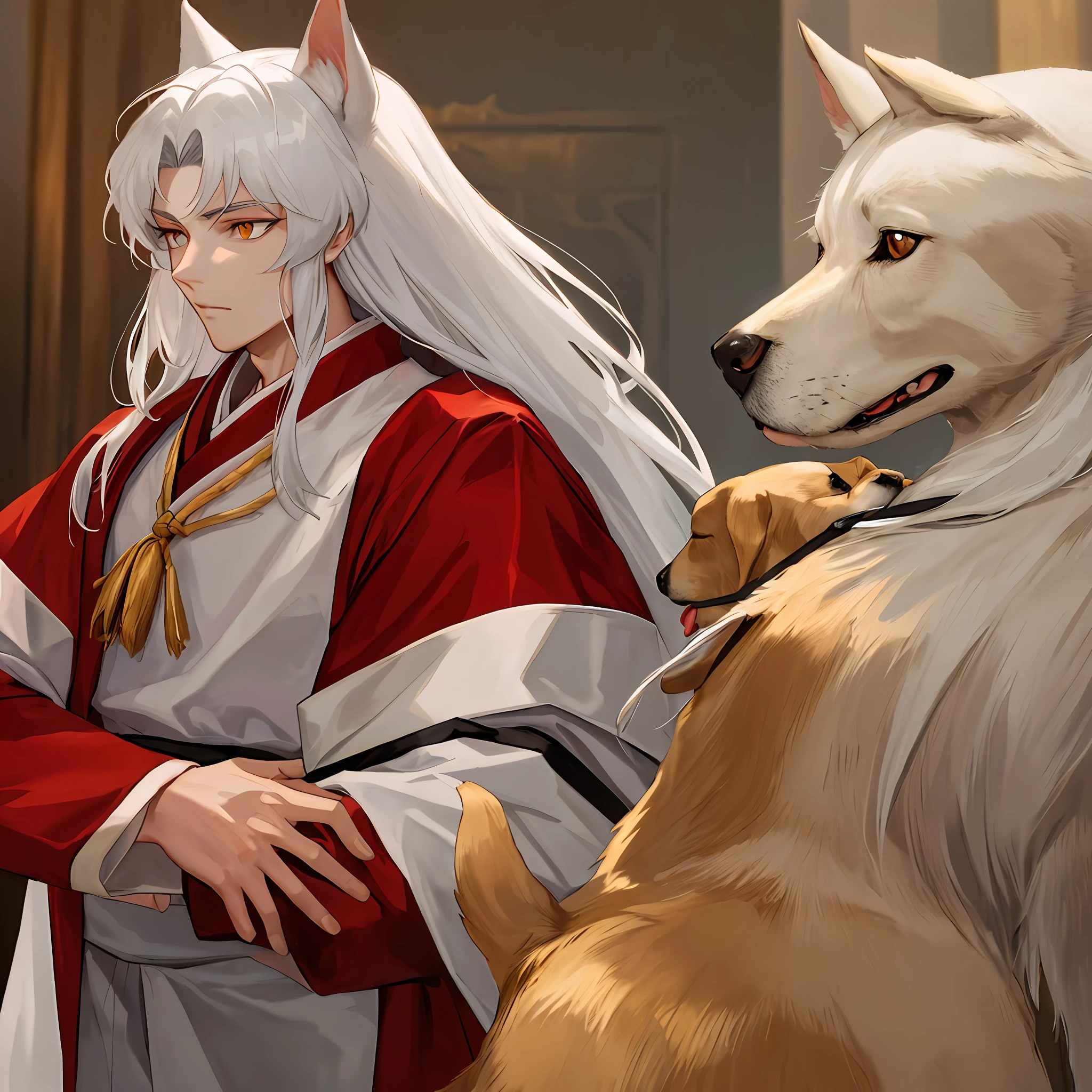 Dog boy,White hair,Golden pupil,Redcoat,Exquisitely,tmasterpiece,The upper part of the body,inuyasha