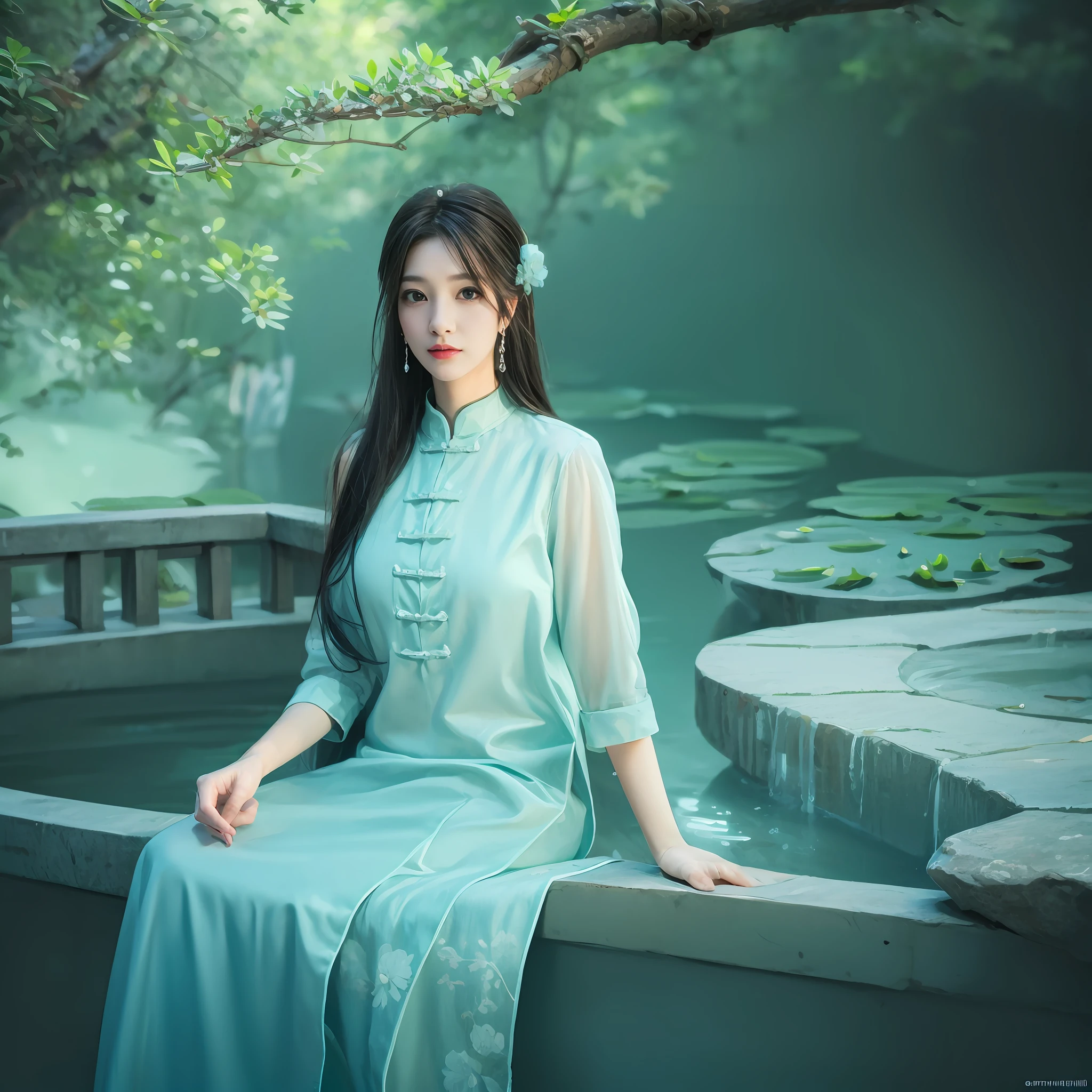 Chinese Ancient Architecture、The season is autumn，lakes、flowingwater、scenecy、exteriors、water lilies、ponds，（illustratio：1.0），Epic composition，Realistic natural light，high definition detail，tmasterpiece，The best quality，（非常详细的 CG 统一 8k 壁纸） ，epic exquisite  character art，stunning character art， --v 6