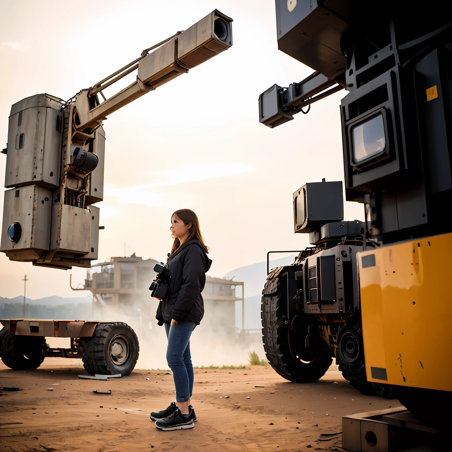 A woman stands in front of a mech,Holding a camera in his hand --auto