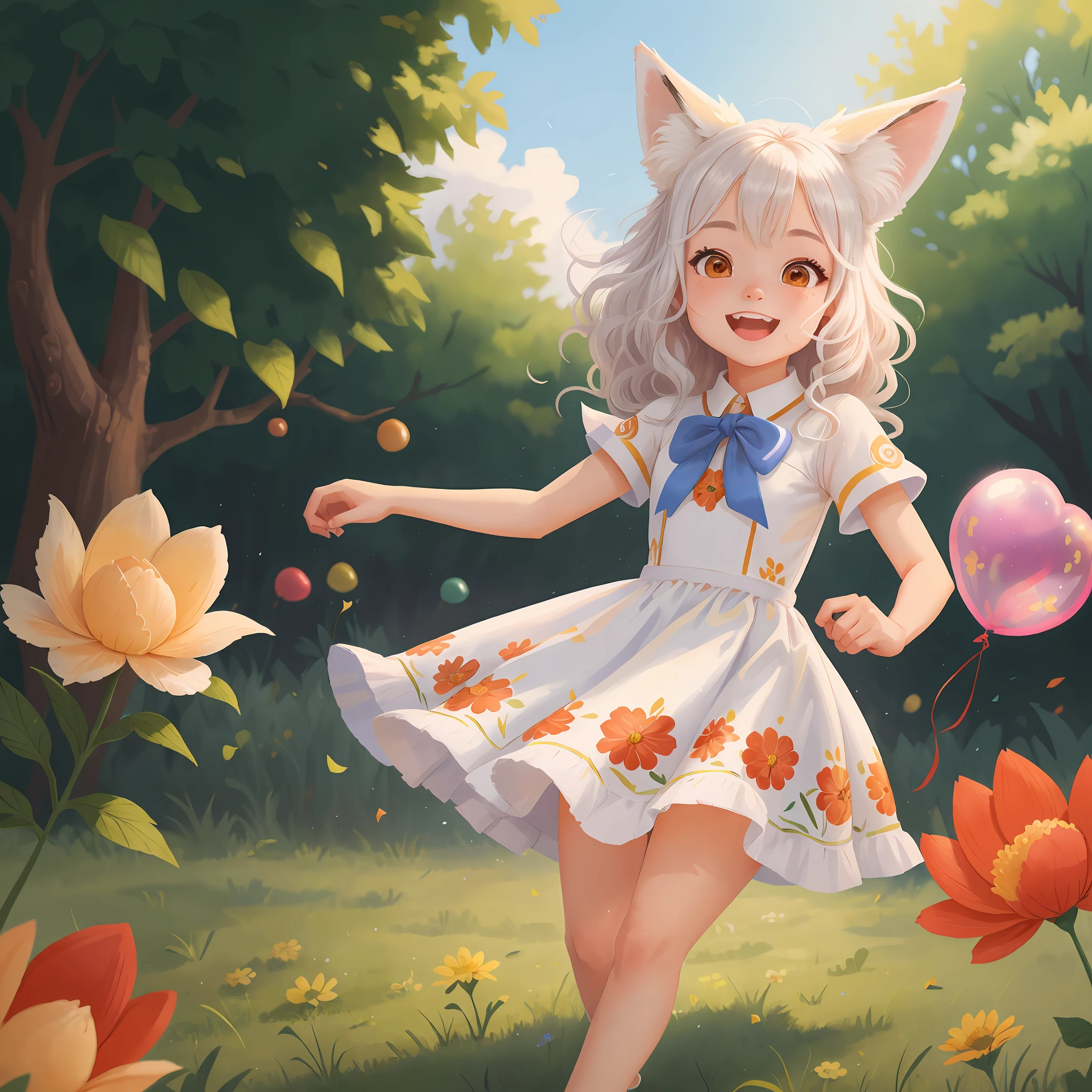 A fox girl holding flowers, colorful balloons floating in the sky, white hair, wavy hair, fox ears, gem, dress fang, ahoge aqua dress, meadow, dancing, holding flowers, happy, happy, perfect quality, clear focus (clutter-home: 0.8), (masterpiece: 1.2) (Realistic: 1.2) (Bokeh) (Best quality) (Detailed skin: 1.3) (Intricate details) (8K) (Detail Eyes) (Sharp Focus), (Happy)