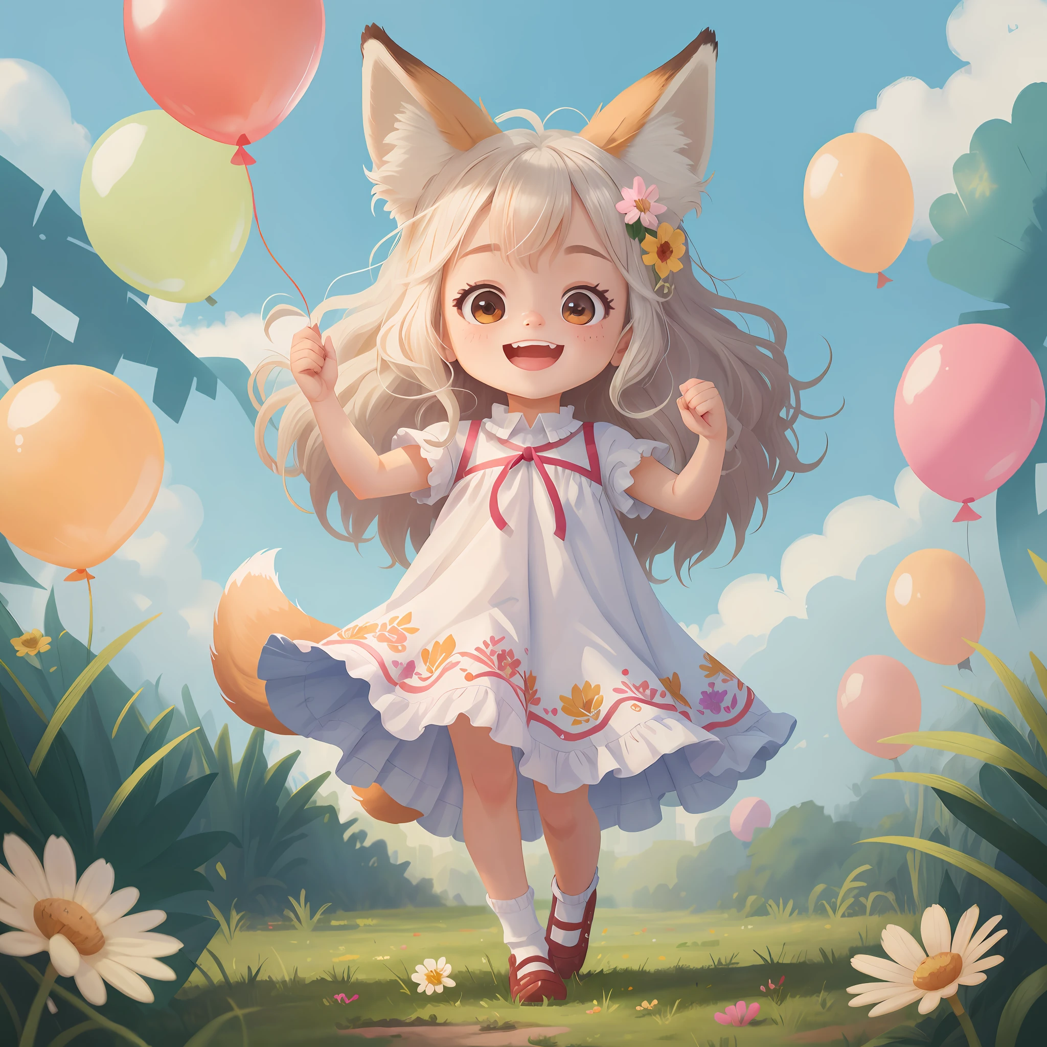 A fox girl holding flowers, colorful balloons floating in the sky, white hair, wavy hair, fox ears, gem, dress fang, ahoge aqua dress, meadow, dancing, holding flowers, happy, happy, perfect quality, clear focus (clutter-home: 0.8), (masterpiece: 1.2) (Realistic: 1.2) (Bokeh) (Best quality) (Detailed skin: 1.3) (Intricate details) (8K) (Detail Eyes) (Sharp Focus), (Happy)