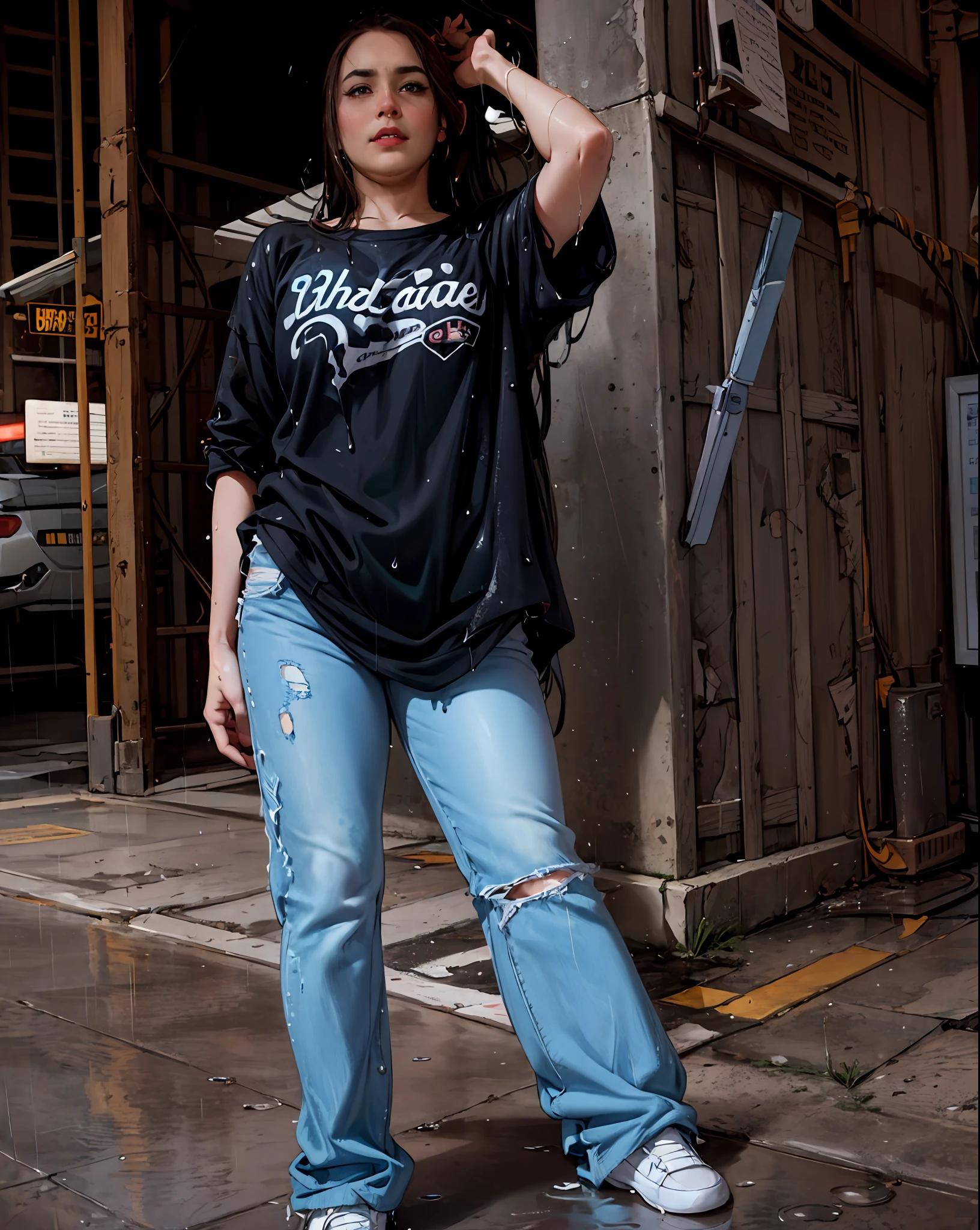 best image quality, masterpiece, super high resolution, (fidelity:1.4), photo, 1 girl, white shirt, torn jeans, white sneakers, dim, darkness, despair, pity, poor, movie, tears, teardrops, (torn clothes:1.5), (wet clothes:1.4), bare shoulders, real rain, wet hair,..