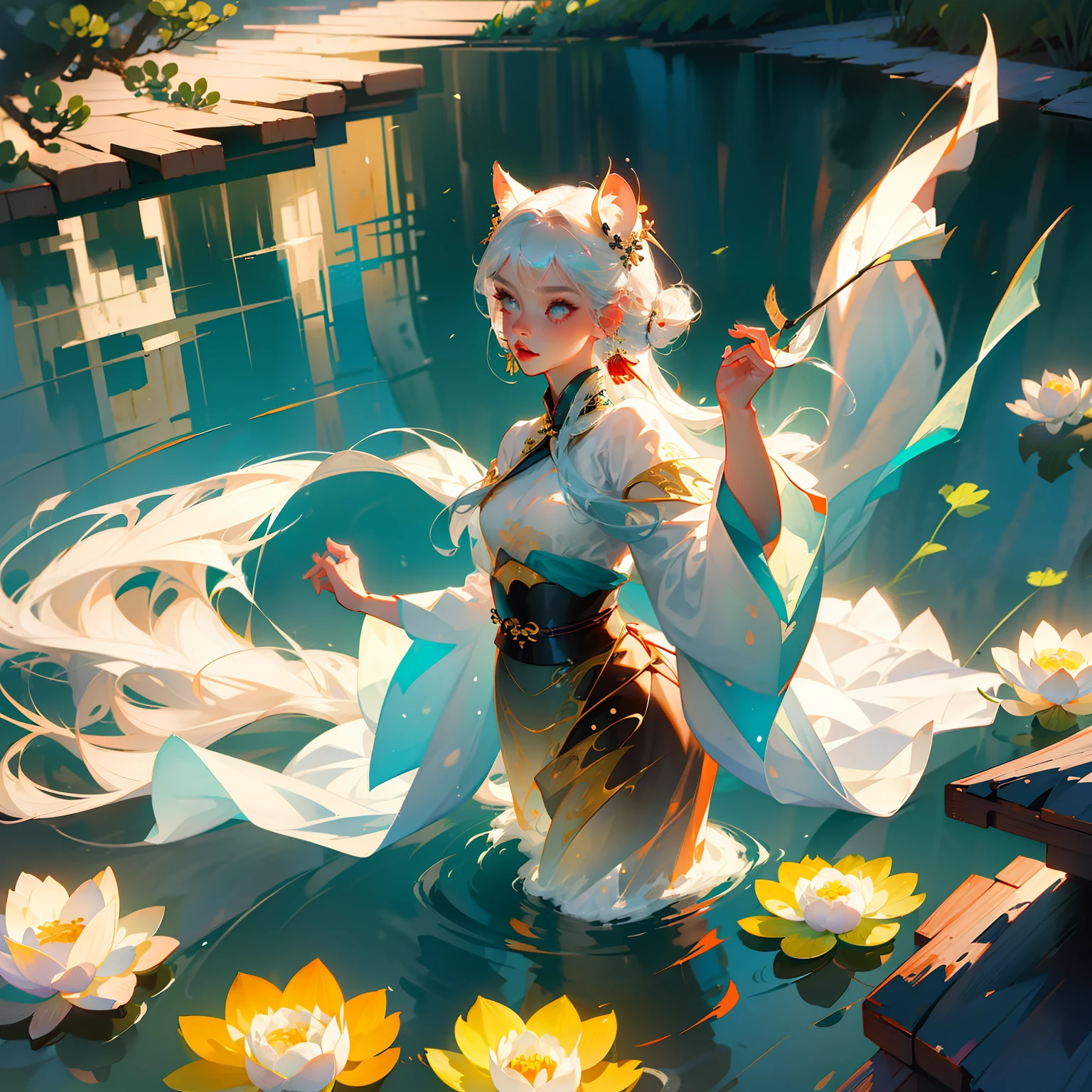 ((4k,masterpiece,best quality)), shuimobysim, Chinese painting, lotus, hanfu, maxiskit, dressed conservative 1 girl, solo, white hair, long hair, fox ears, white, bikini, fish, many fish close to the girl, looking at the audience, teasing --auto