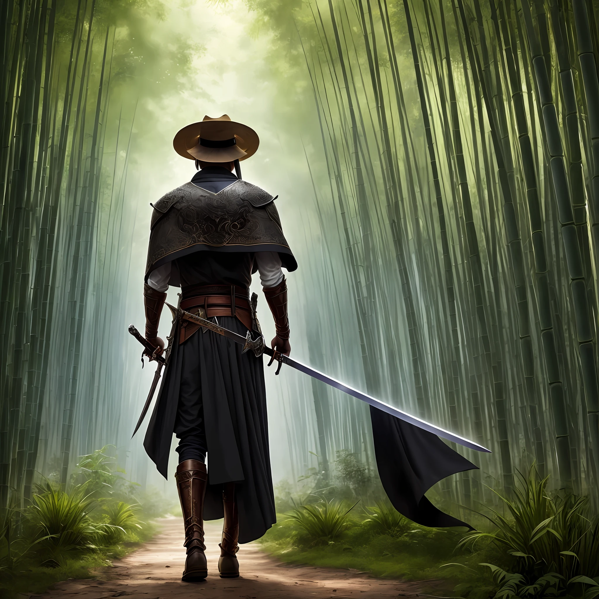 A man，Warrior image，Straw Hat Hat，Black cape，Look back at the audience，sharp looking eyes，The left hand holds the sword holster，The right hand holds a long sword，The bamboo forest background has many fallen enemies，Hyper-detailed work，tmasterpiece，HighestQuali，Admirable visuals --auto