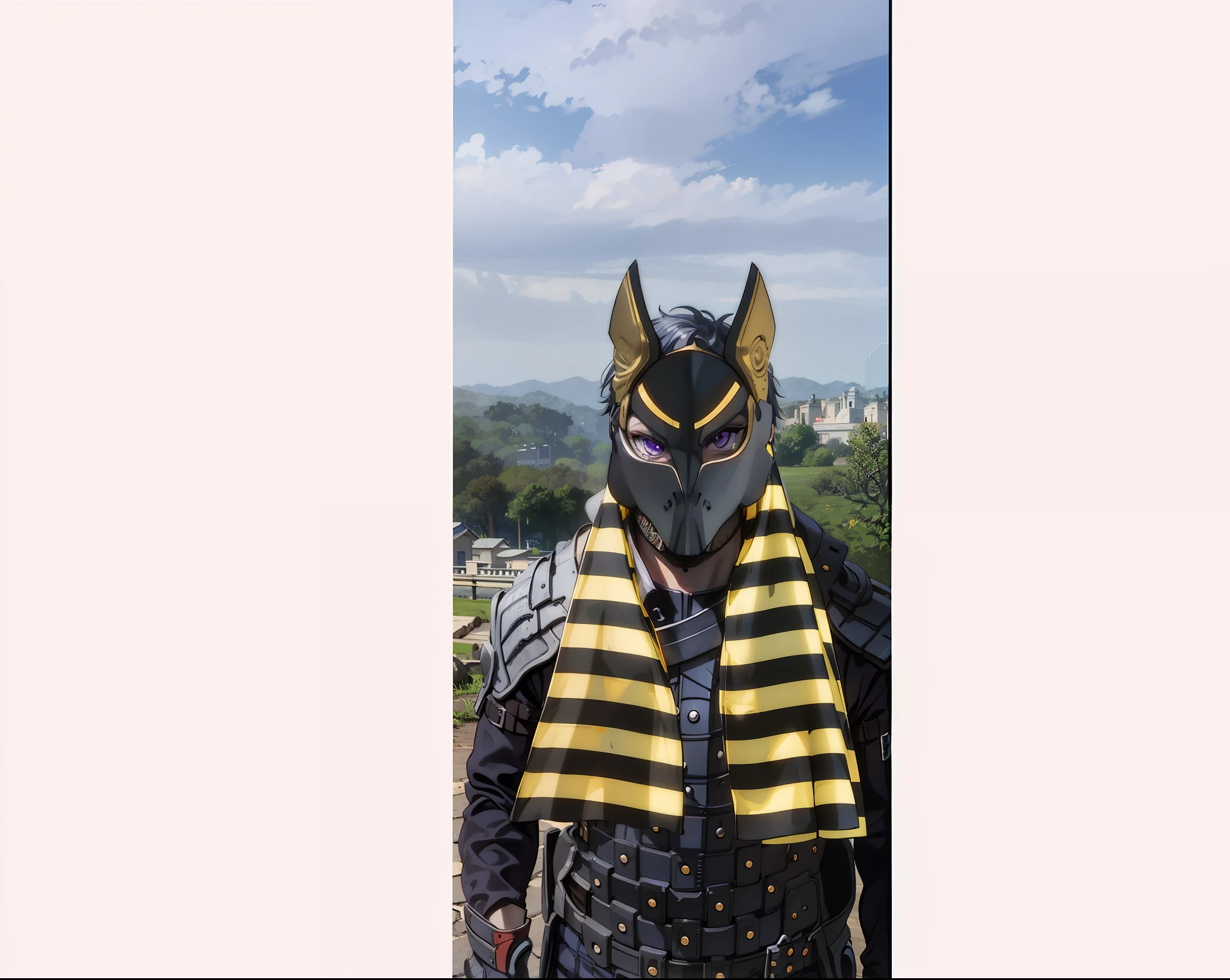 Homem,barba,4k, Purple eyes, Armadura preta, egipcian, segurando uma cimitarra