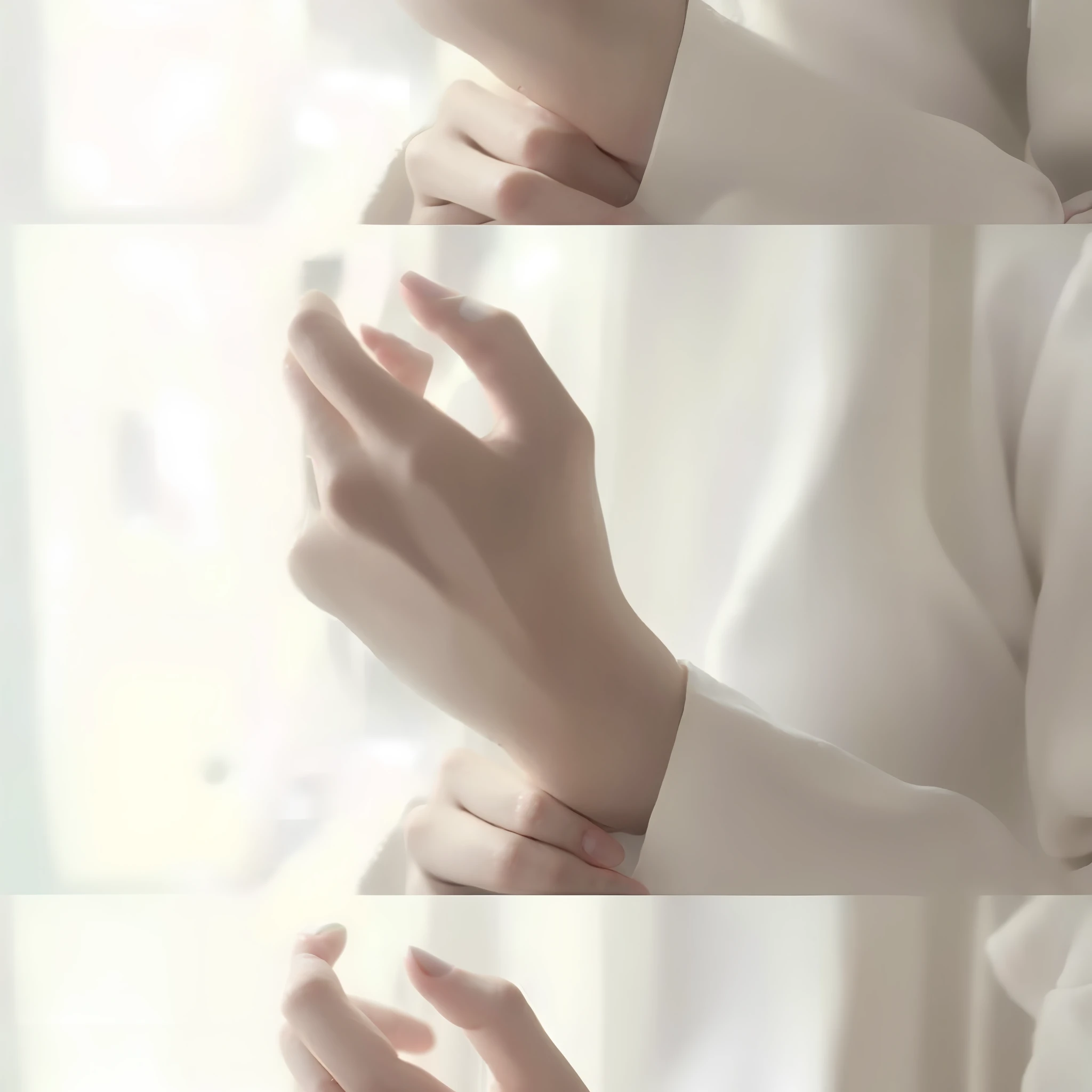 There are four photos of women in white shirts, Very aesthetic!!!!!!, With fingers, Beautiful hands, Milky white skin, hand photography, with index finger, White sleeves, soft aesthetic, 5 fingers). Full body realistic, Aesthetic!!!!!!!!!!, Realistic hands, white monochrome color!!!!!, natural hands and arms, accurate fingers, extremely pale, Delicate fingers