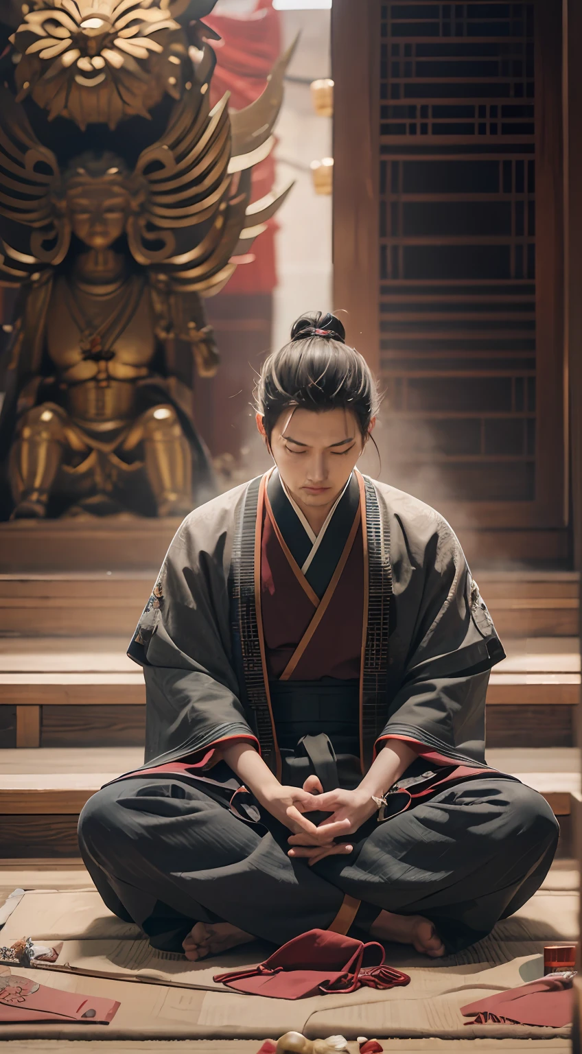 masutepiece, Best Quality, hight resolution, photoreaslistic, Detailed face, Handsome man meditating in front of a shining altar, Middle-aged man,inspired by Kaigetsudō Anchi, a temple background, inspired by Shūbun Tenshō, zen temple background, Zen Cyberpunk Meditation, inspired by Torii Kiyomitsu, inspired by Itō Jakuchū, Inspired by Hayami Xingzhou