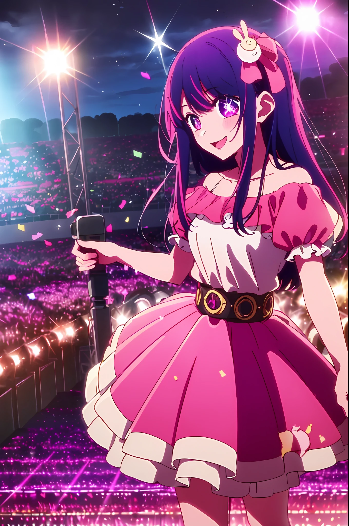 masterpiece、ighly detailed、(1 girl in:1.2)、purple color hair、pink dress、big eye、a closeup、A smile、8K 、Ai Hoshino、Live performance venue、dance、Large audience、The background is(idol stage:1.3)、(Stand in the center of the screen:1.3)、inside the house、idol live、the wind、(Colorful spotlights:1.7) Break the magnificent view、(Audience 10,000 people:1.3)、Particles of light、(confeti:1.4)、dynamic ungle、holland angle、Perspective Break (during night、spot light:1.5)、depth of fields、bokeh dof、light leaks、(chromatic abberation:1.2) Romper