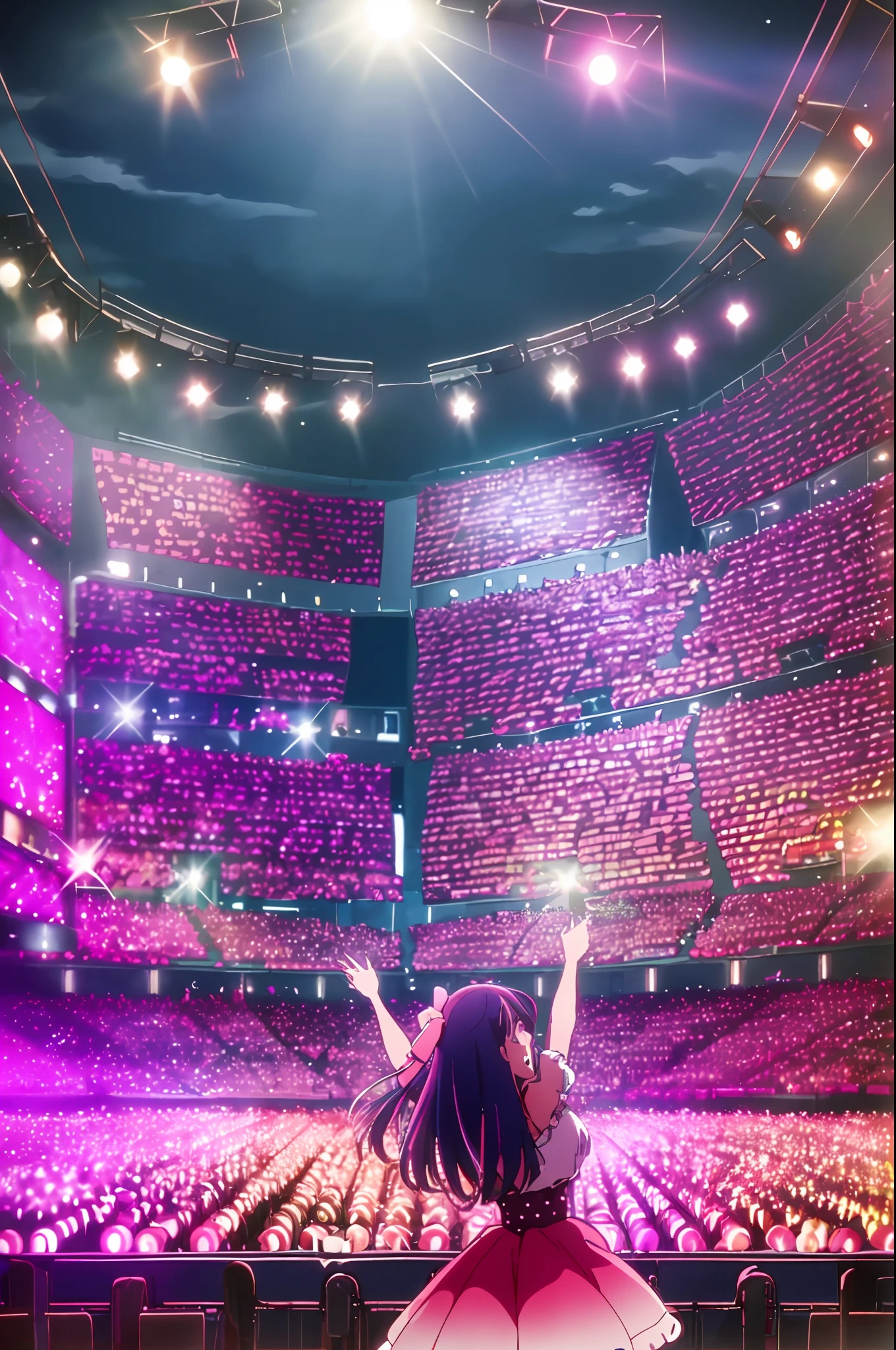 masterpiece、ighly detailed、(1 girl in:1.2)、purple color hair、pink dress、big eye、a closeup、A smile、8K 、Ai Hoshino、Live performance venue、dance、Large audience、The background is(idol stage:1.3)、(Stand in the center of the screen:1.3)、inside the house、idol live、the wind、(Colorful spotlights:1.7) Break the magnificent view、(Audience 10,000 people:1.3)、Particles of light、(confeti:1.4)、dynamic ungle、holland angle、Perspective Break (during night、spot light:1.5)、depth of fields、bokeh dof、light leaks、(chromatic abberation:1.2) Romper